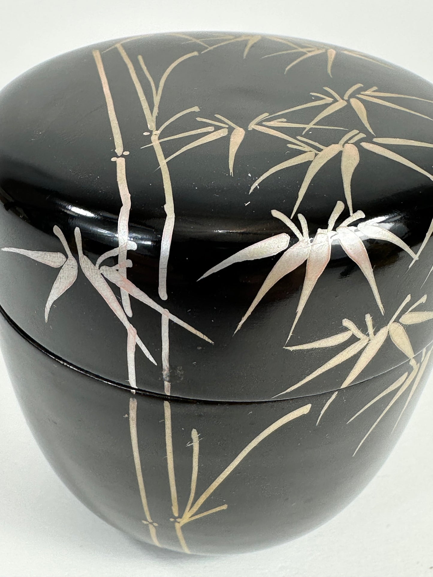 Vintage Japanese Tea Ceremony Natsume Black Lacquer Silver Bamboo 3”