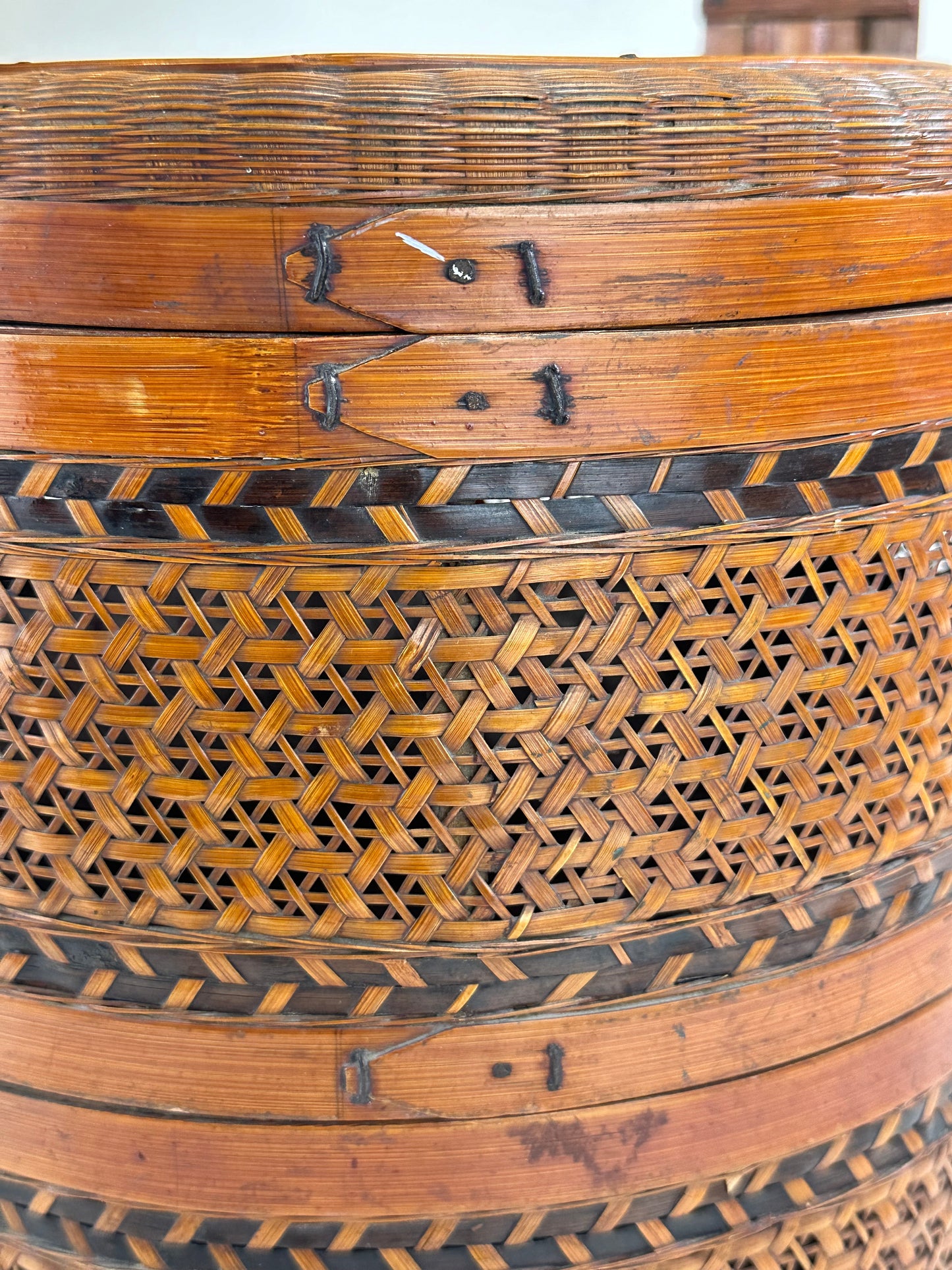 Vintage Chinese 2 Tiered Wedding/Dowry Lacquer Rattan Basket/Box