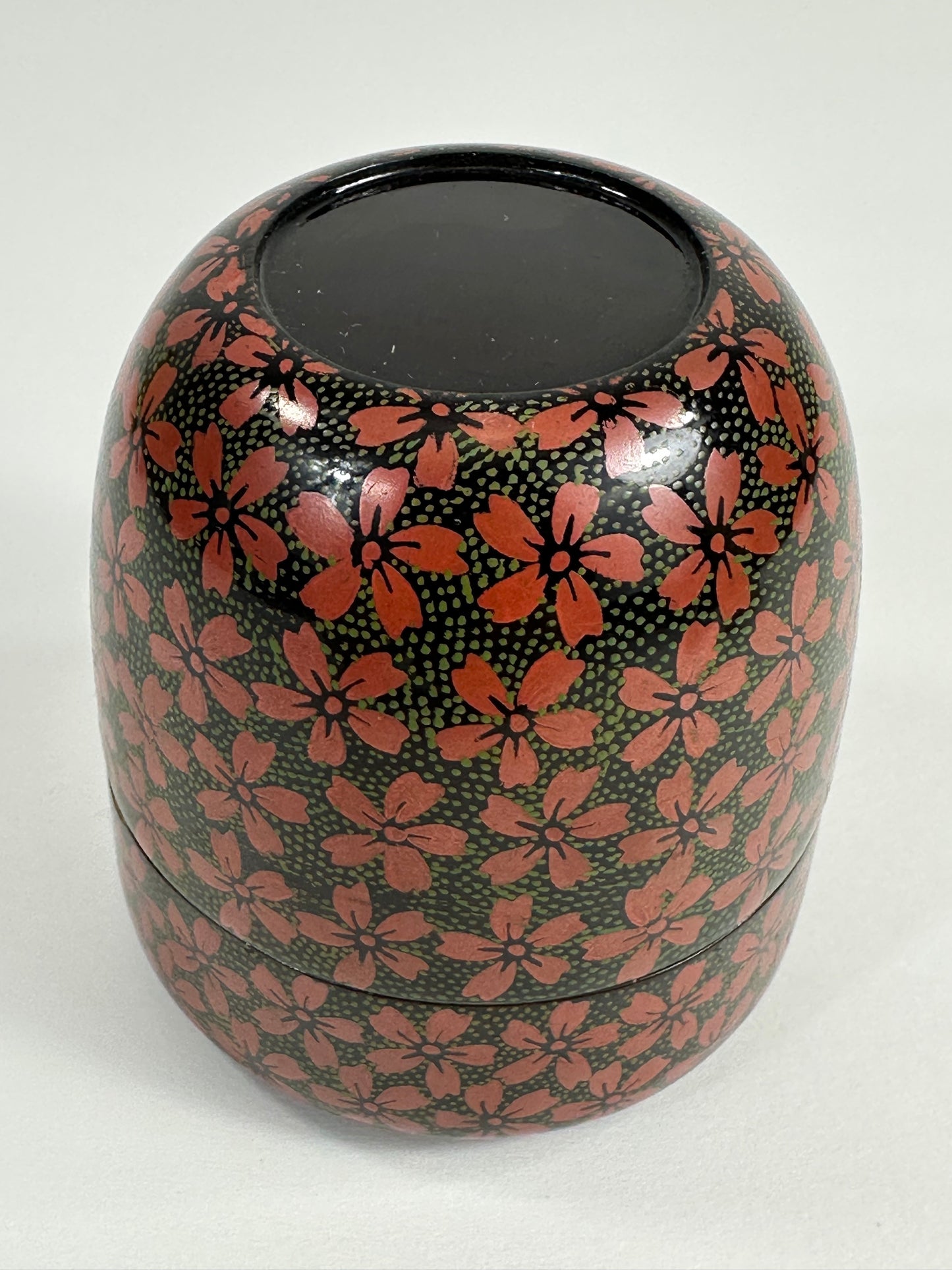 Vintage Japanese Tea Ceremony Natsume Black Lacquer Cherry Blossoms 3"
