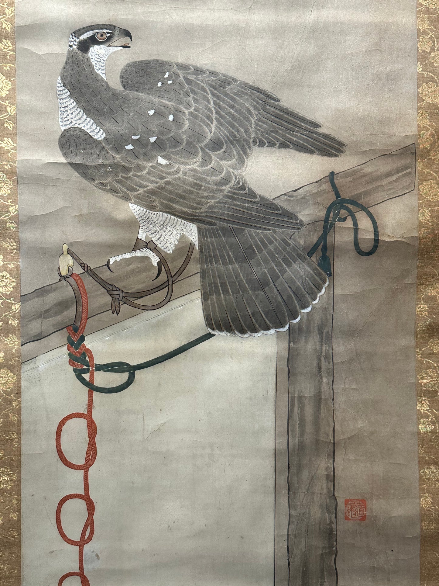 Japanese Antique Scroll Kakejiku Hand Painted Hunting Falcon 76"