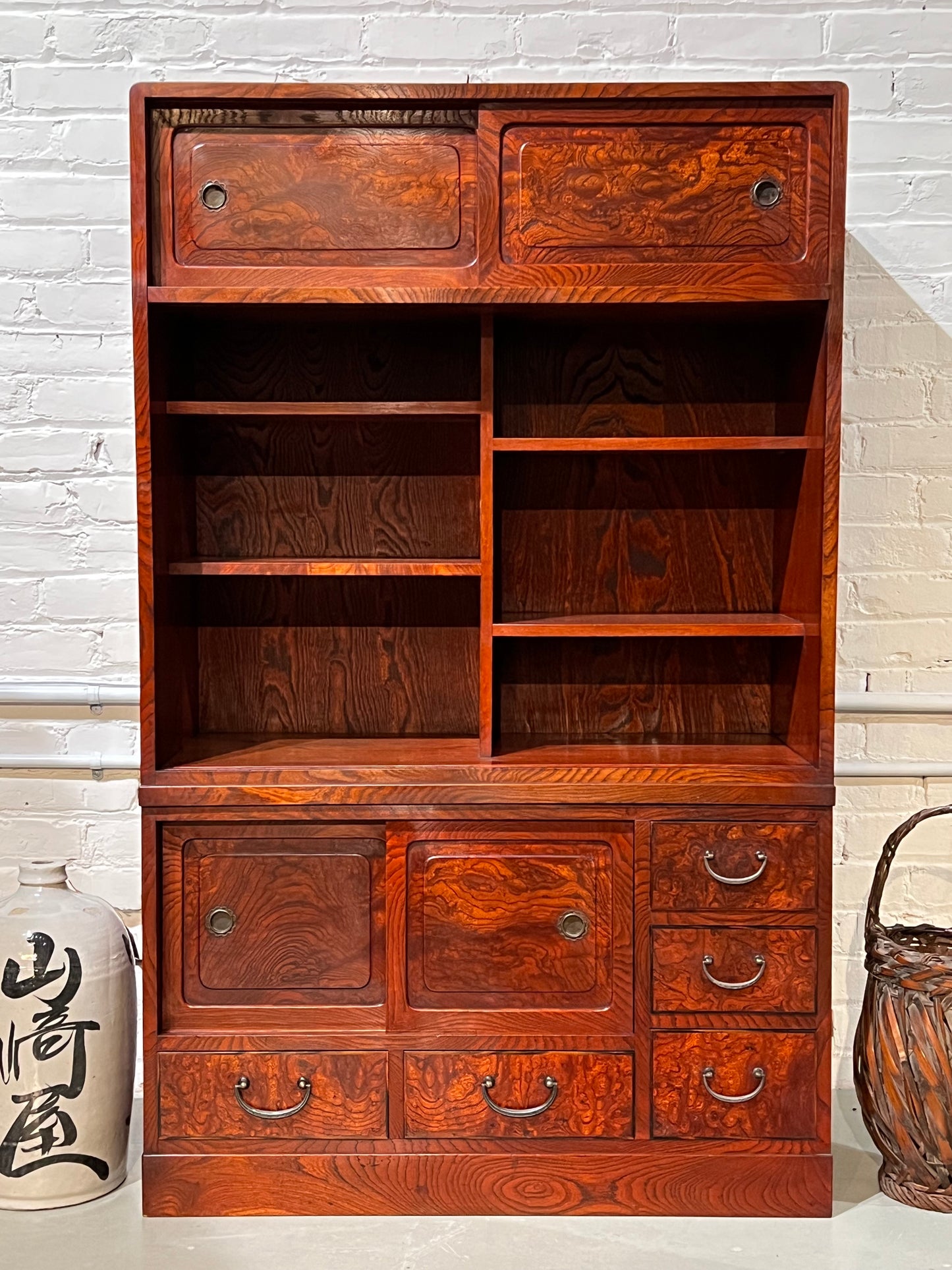 Antique Japanese Display Tansu Taisho Era Keyaki Elm Persimmon Stain Chest 32"W