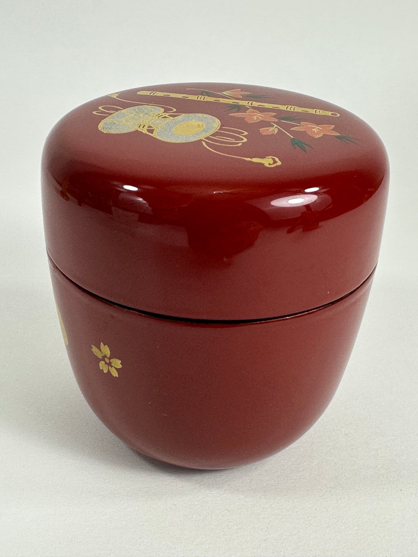 Japanese Tea Ceremony Natsume Red Lacquer Flute & Drum Gold Maki-e 3”