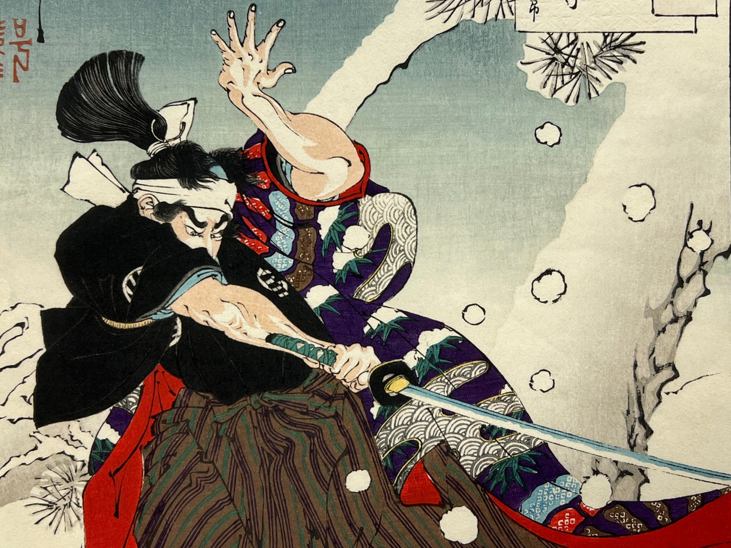 Original Yoshitoshi Woodblock Print Samurai 100 Views of the Moon "Dawn Moon & Tumbling Snow"