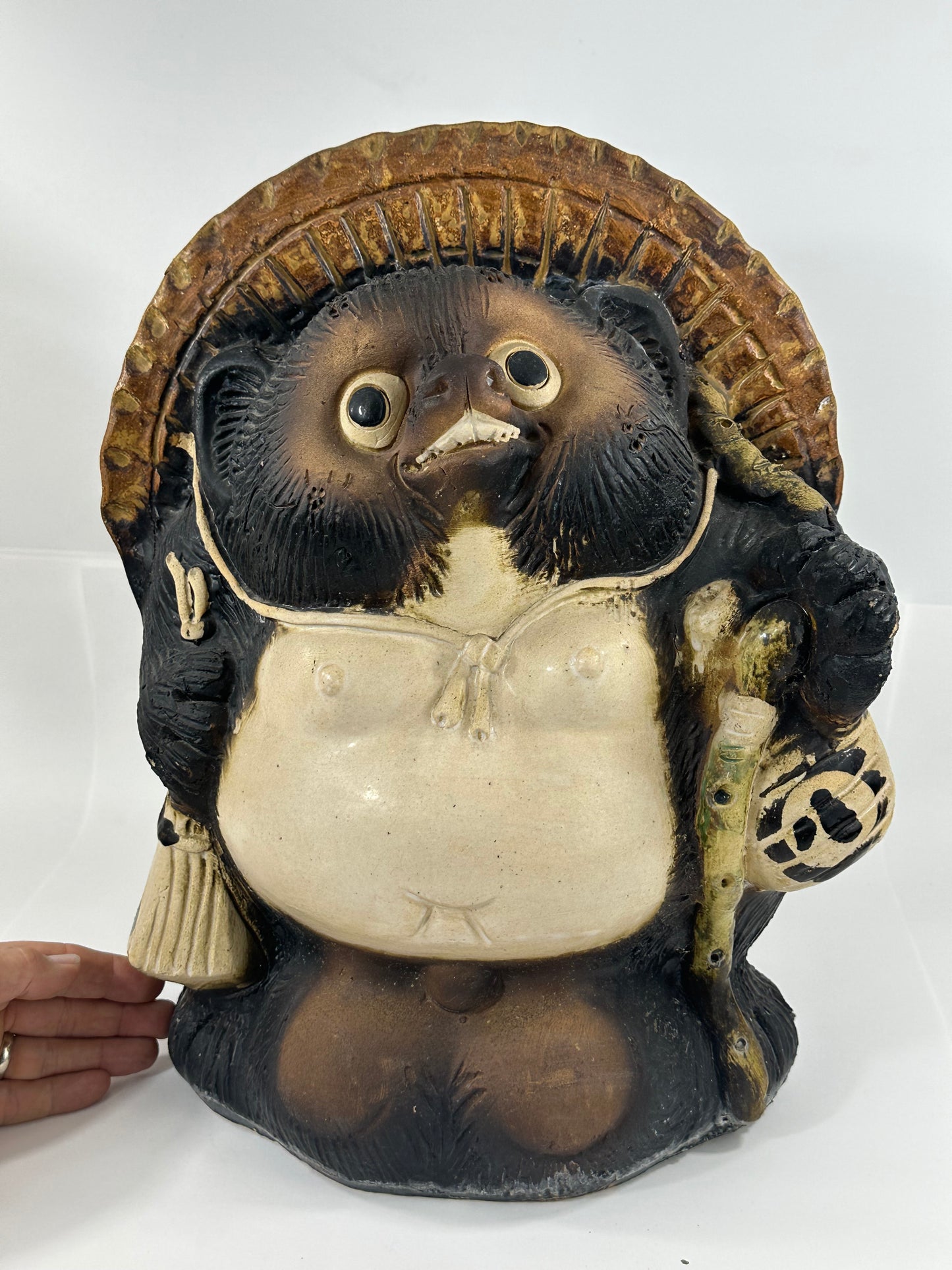 Vintage Japanese Ceramic Tanuki Statue Abundance & Prosperity 15"H