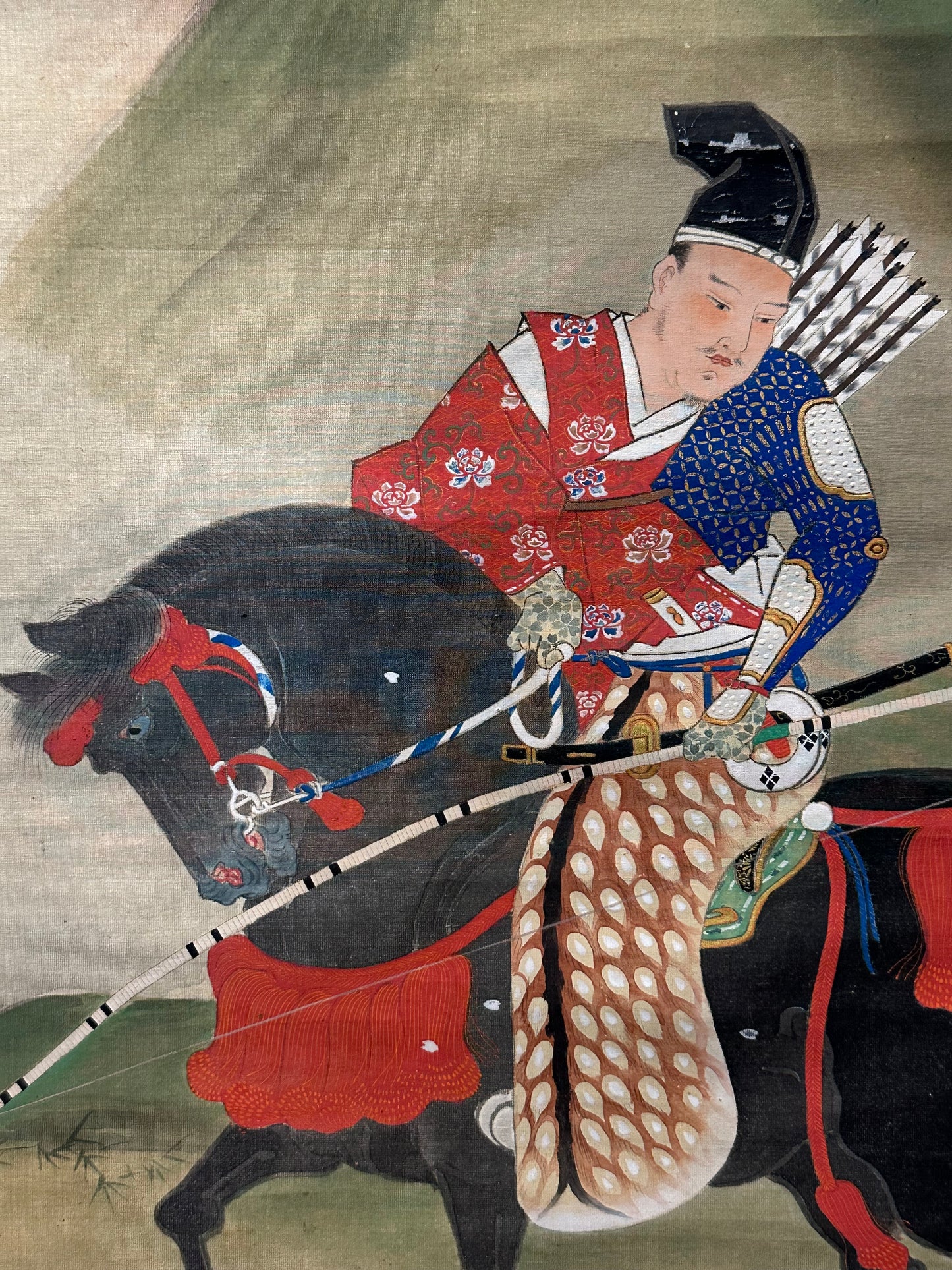 Japanese Antique Scroll Kakejiku Hand Painted Samurai Archer Minamoto 73"