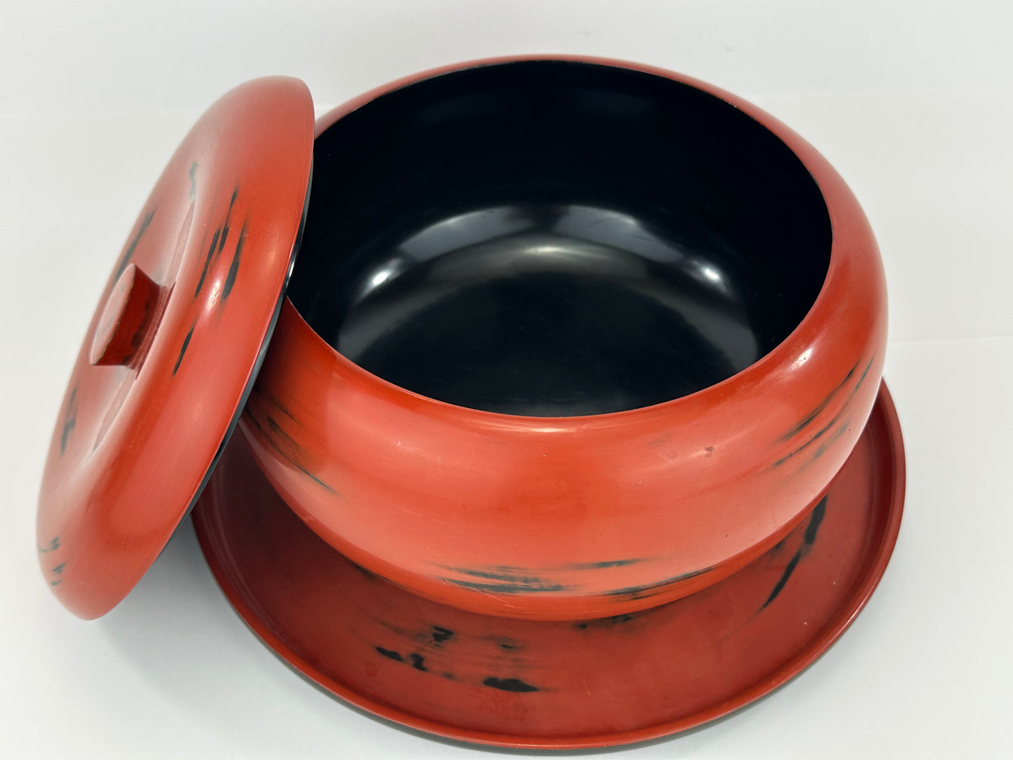 Antique Japanese Meiji Era Negoro Lacquer Lidded Bowl Matching Tray 9.5"