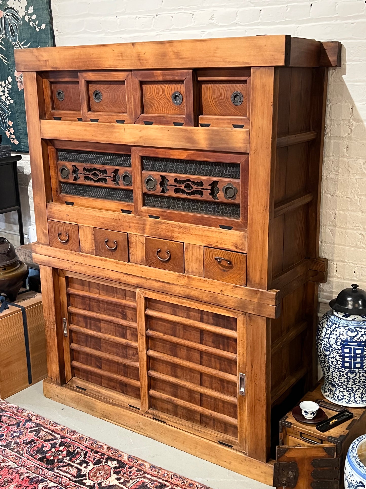 Antique Japanese Kitchen Tansu Meiji Era c1890's Keyaki & Sugi Wood Tansu Chest 48"W