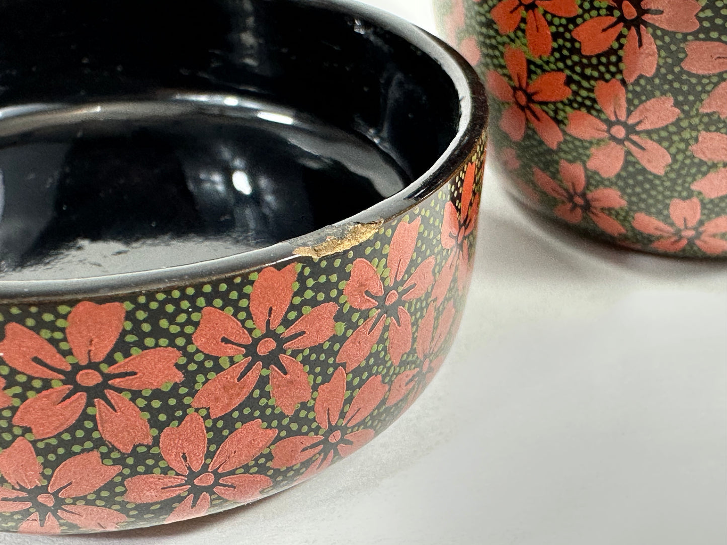 Vintage Japanese Tea Ceremony Natsume Black Lacquer Cherry Blossoms 3"
