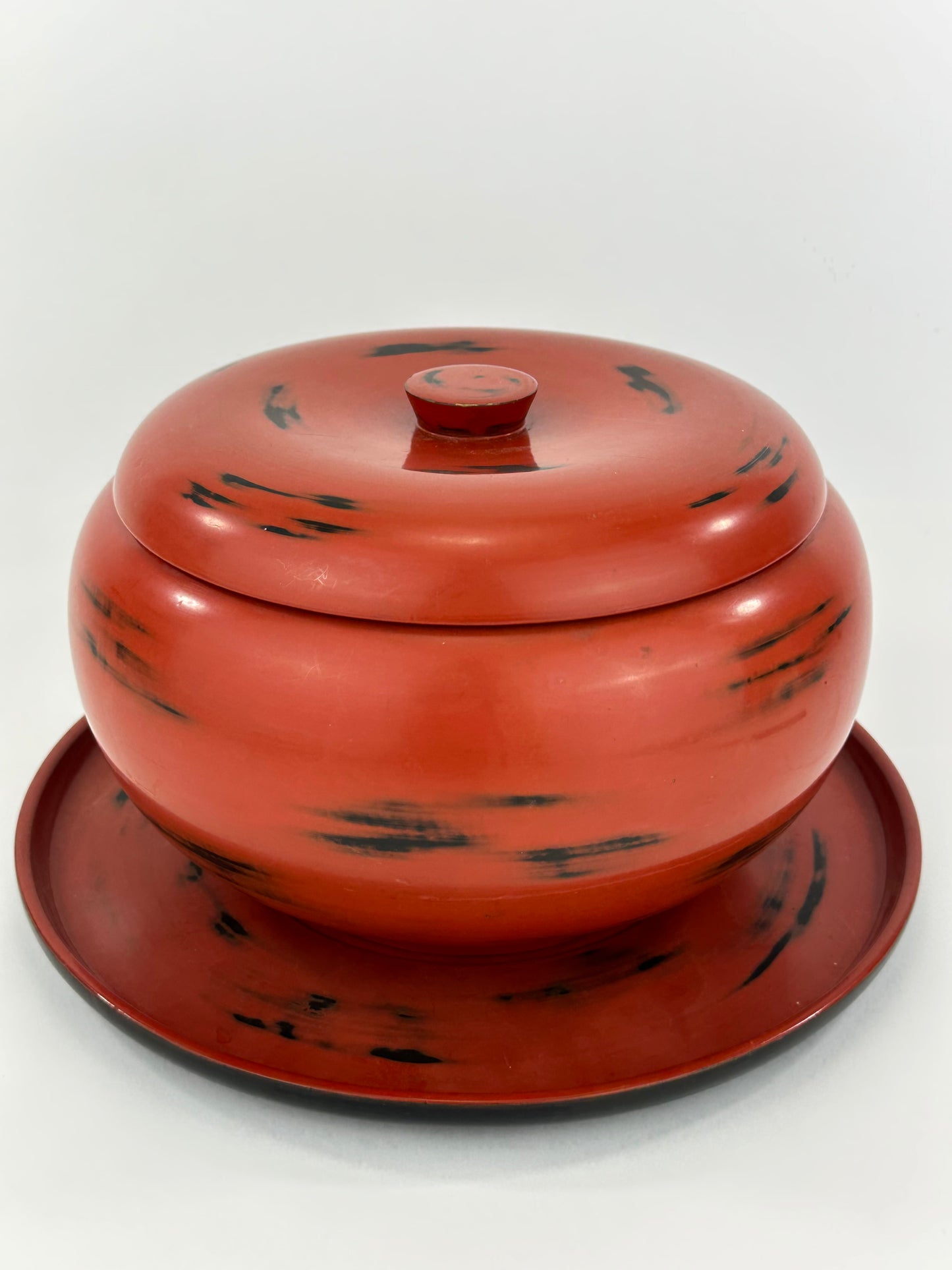 Antique Japanese Meiji Era Negoro Lacquer Lidded Bowl Matching Tray 9.5"
