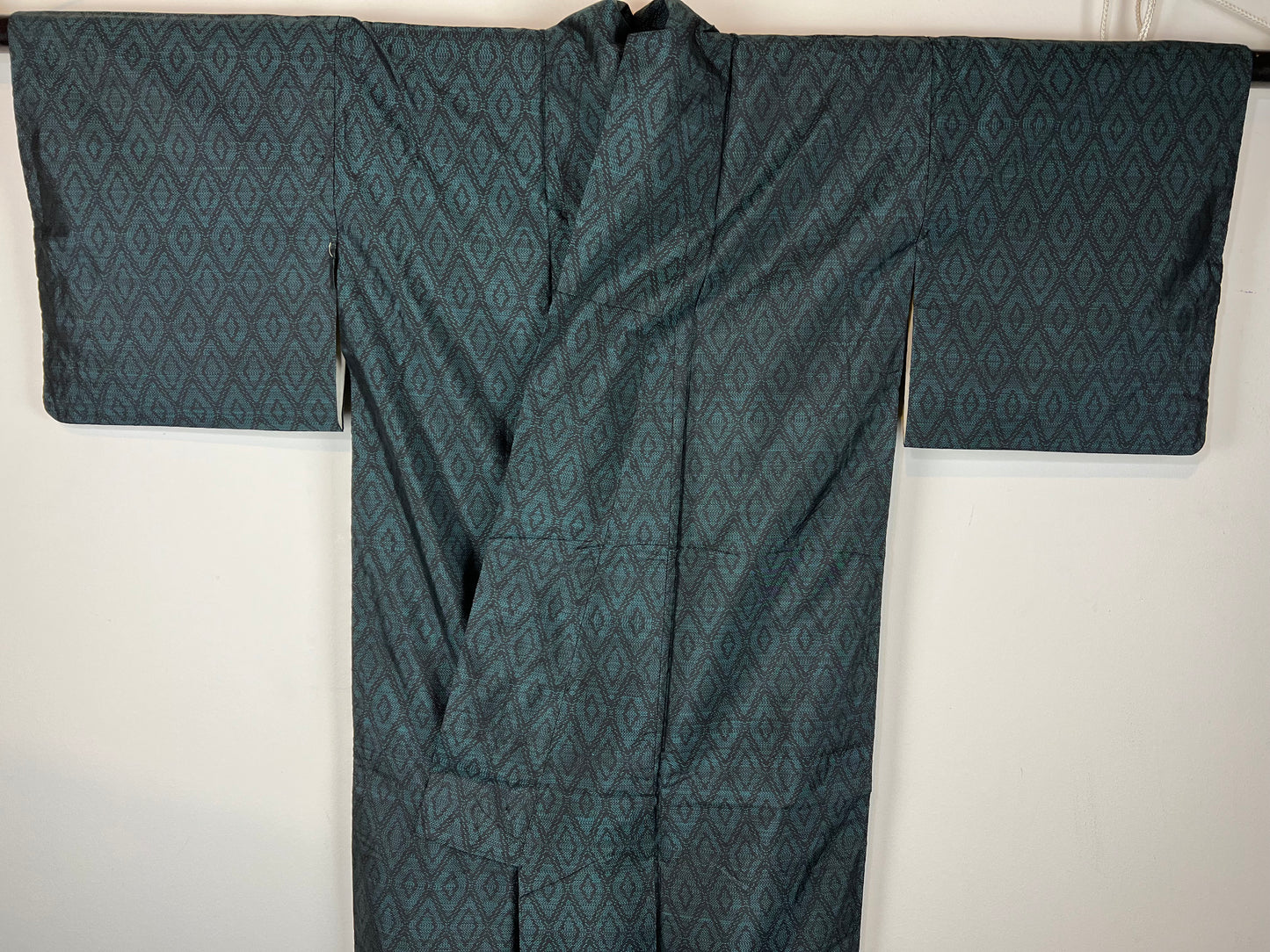 Vintage Japanese Silk Kimono Emerald Green Diamond Pattern 60"L