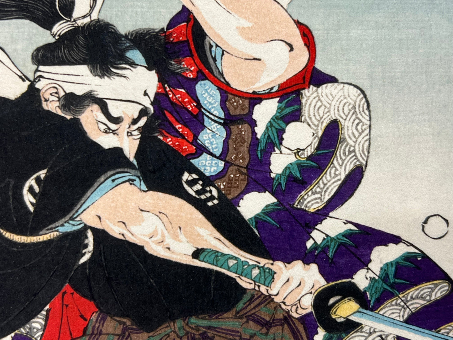 Original Yoshitoshi Woodblock Print Samurai 100 Views of the Moon "Dawn Moon & Tumbling Snow"