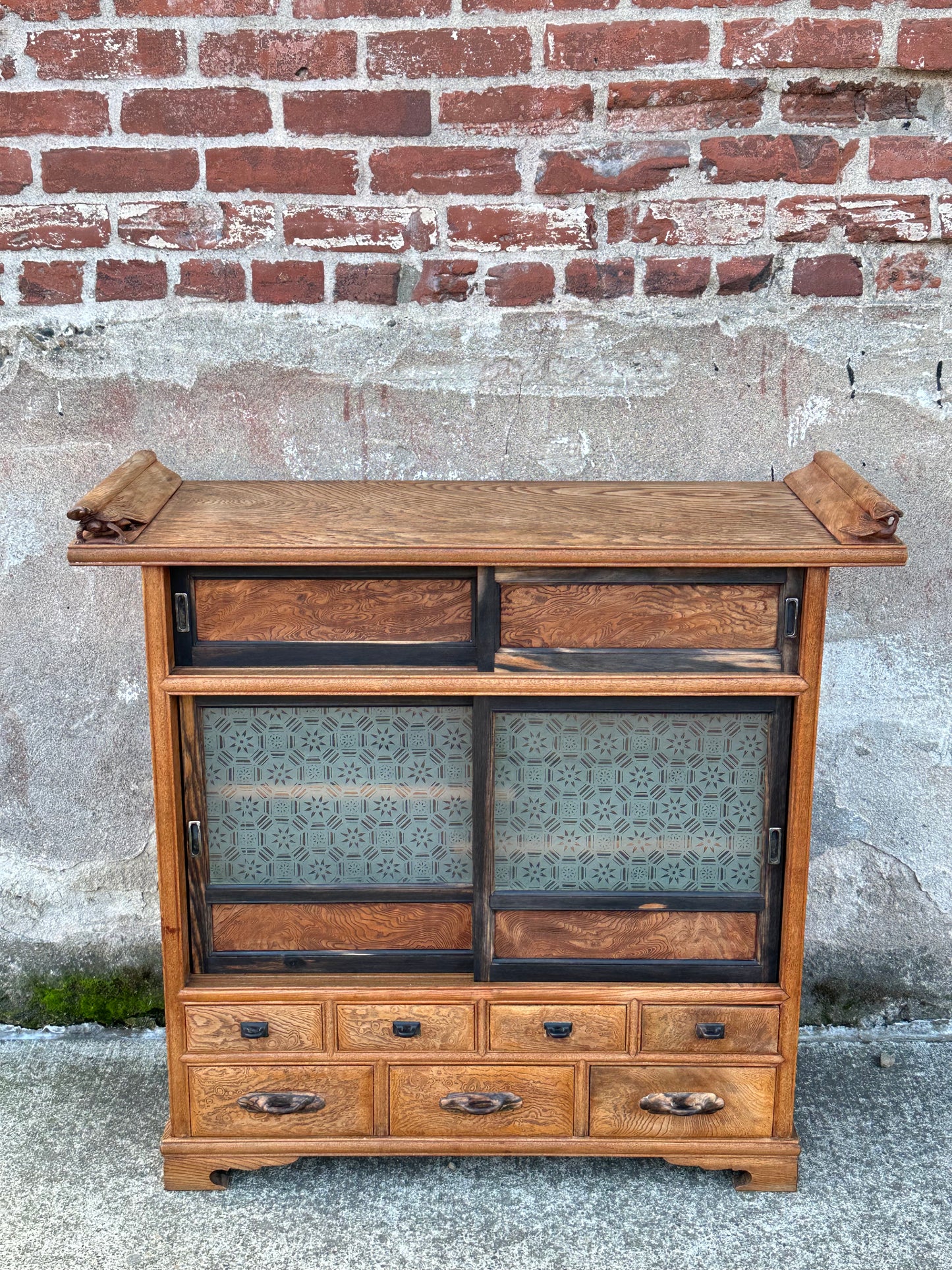 Rare Antique Japanese Keyaki Chadansu c1937 Cabinet Carved Crane & Turtle Finials Persimmon Trim 36"W