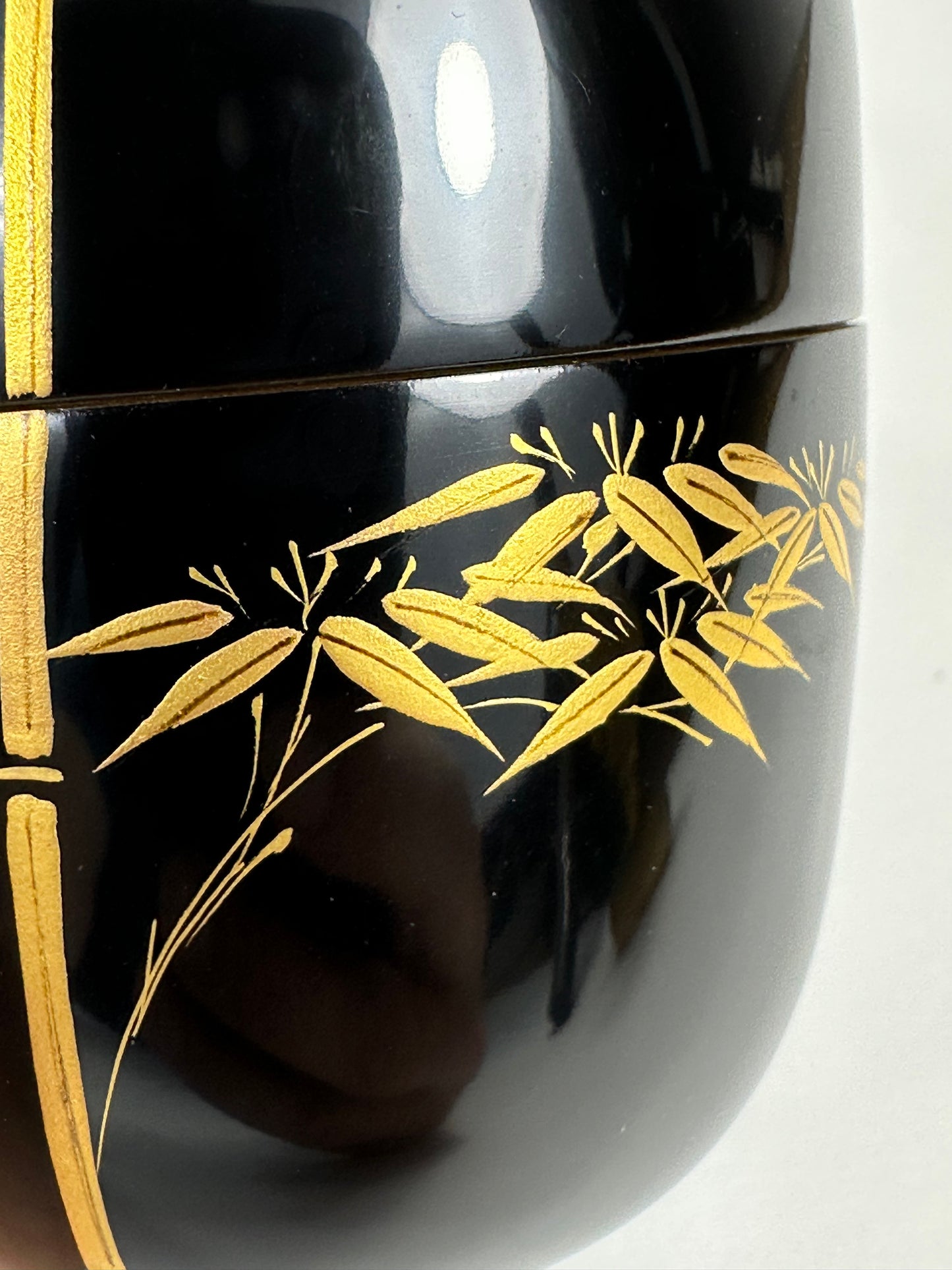 Vintage Japanese Tea Ceremony Natsume Black Lacquer Gold Bamboo Maki-e 3"