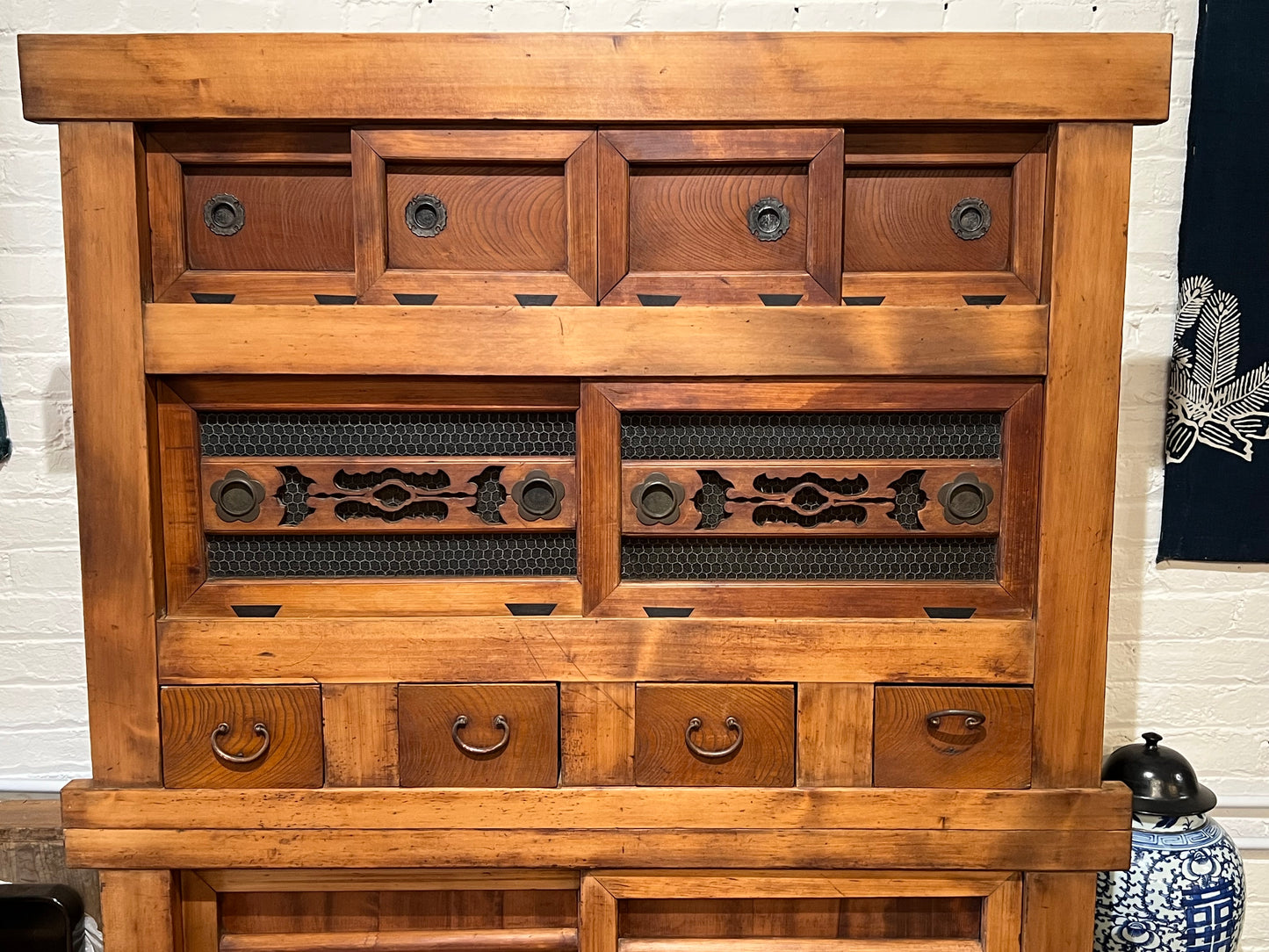Antique Japanese Kitchen Tansu Meiji Era c1890's Keyaki & Sugi Wood Tansu Chest 48"W