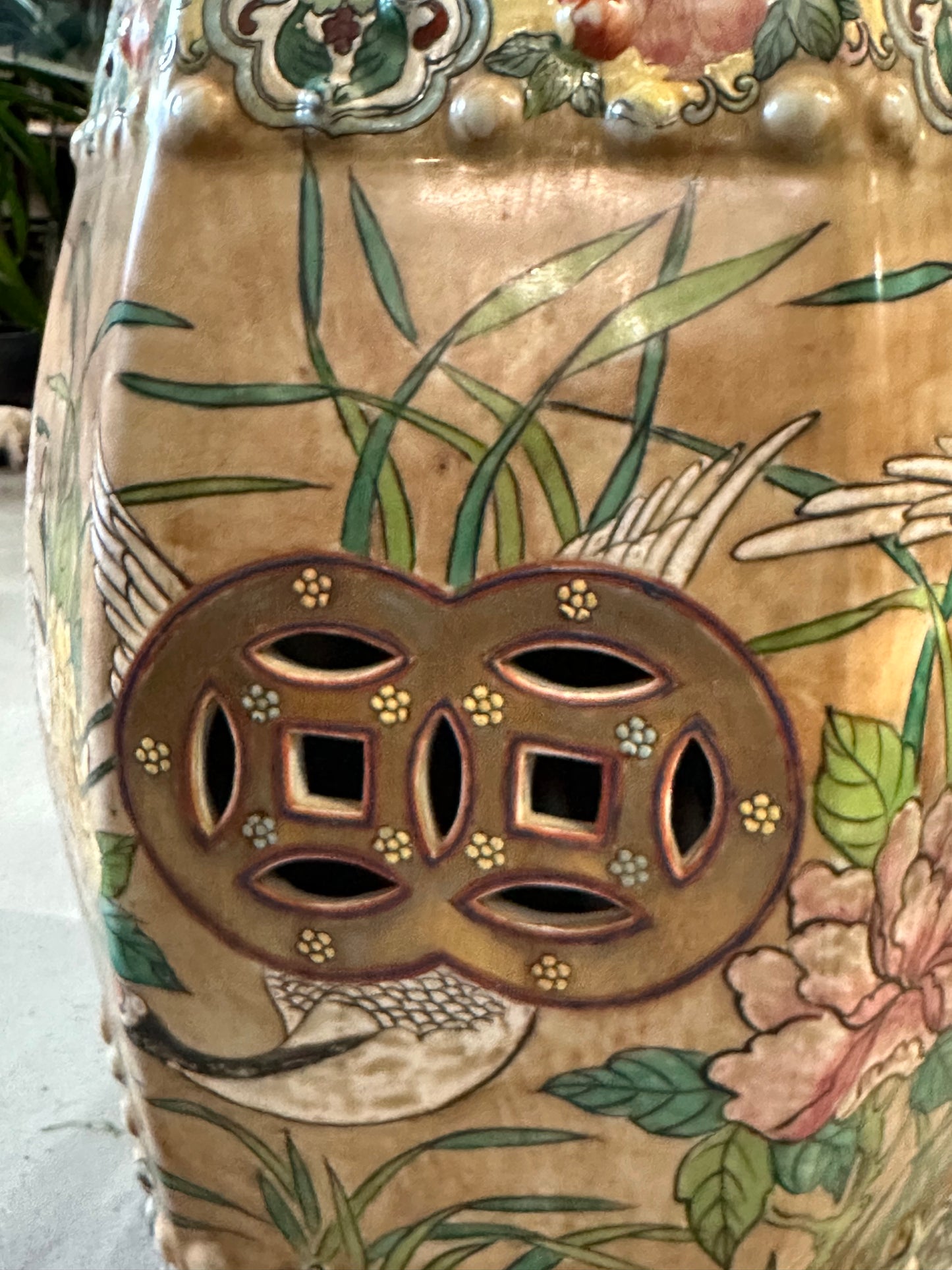 Vintage Coffee Table Chinese Garden Stools Ceramic Crane Motif 54x30"