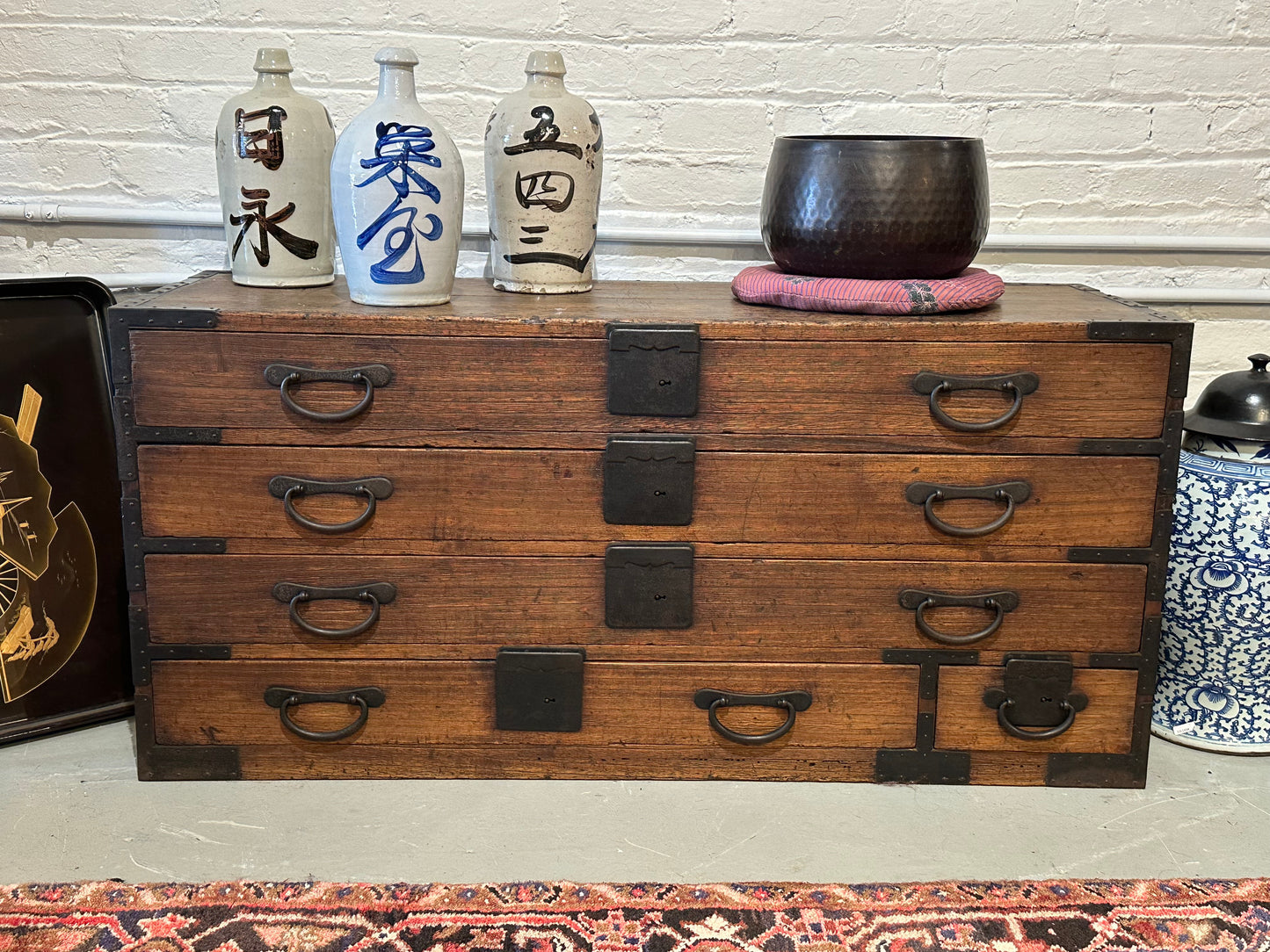 Antique Japanese Meiji Era c1880 Katana Sword Tansu Chest Kiri Wood 44"W