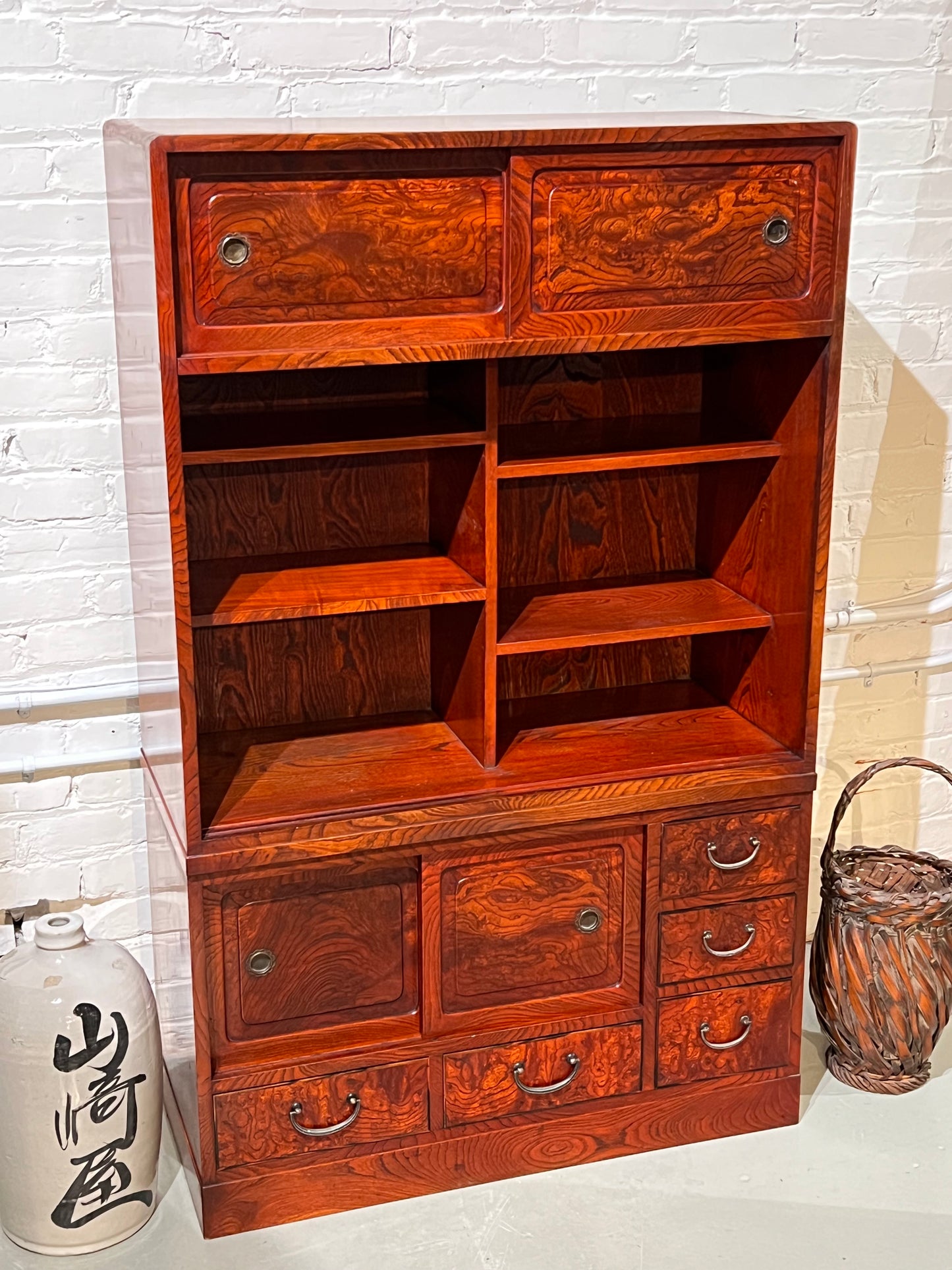 Antique Japanese Display Tansu Taisho Era Keyaki Elm Persimmon Stain Chest 32"W