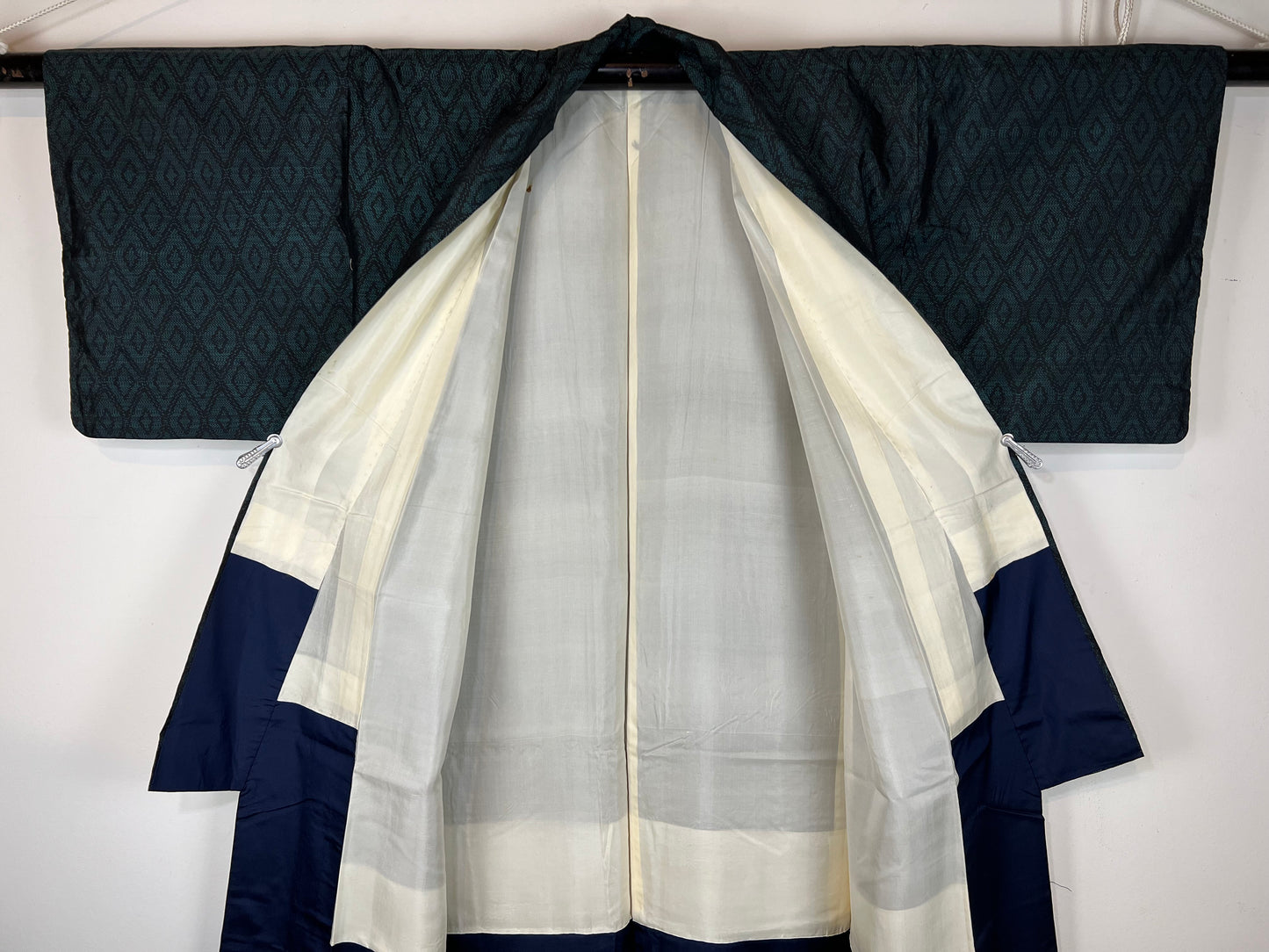 Vintage Japanese Silk Kimono Emerald Green Diamond Pattern 60"L