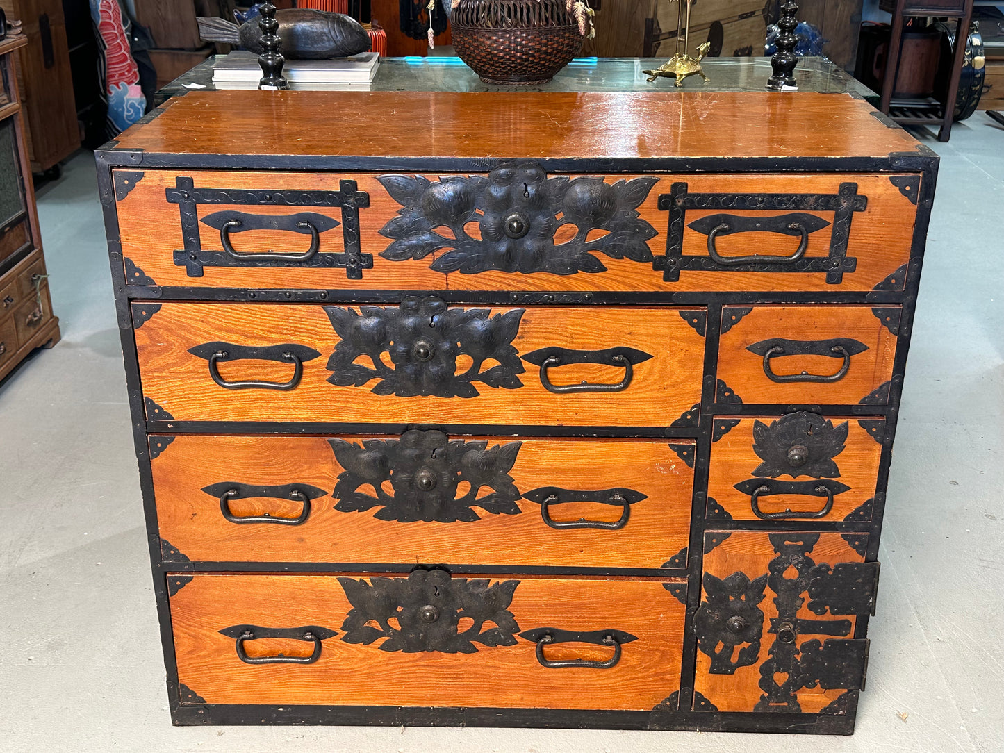 Antique Japanese Meiji Era c1880's Sendai Clothing Tansu Chest Peony 36"W