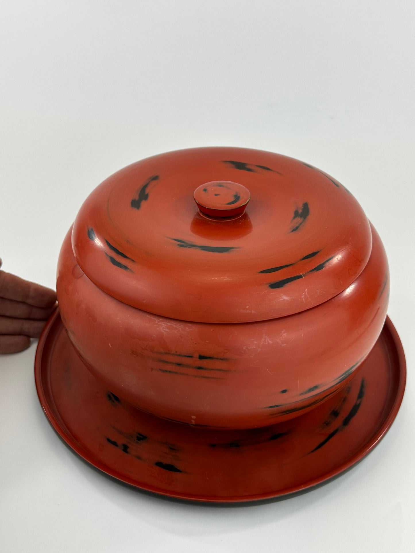 Antique Japanese Meiji Era Negoro Lacquer Lidded Bowl Matching Tray 9.5"