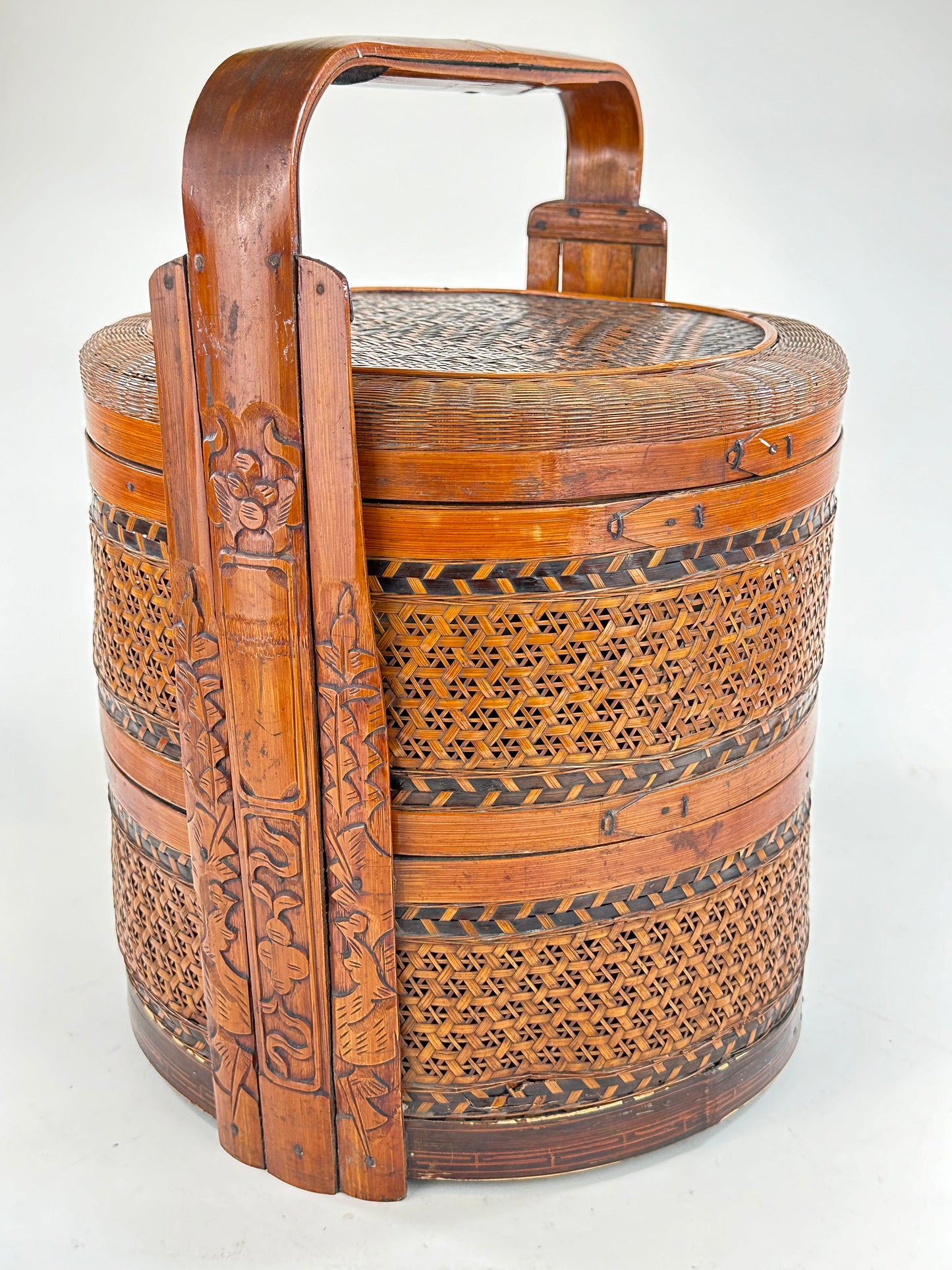 Vintage Chinese 2 Tiered Wedding/Dowry Lacquer Rattan Basket/Box