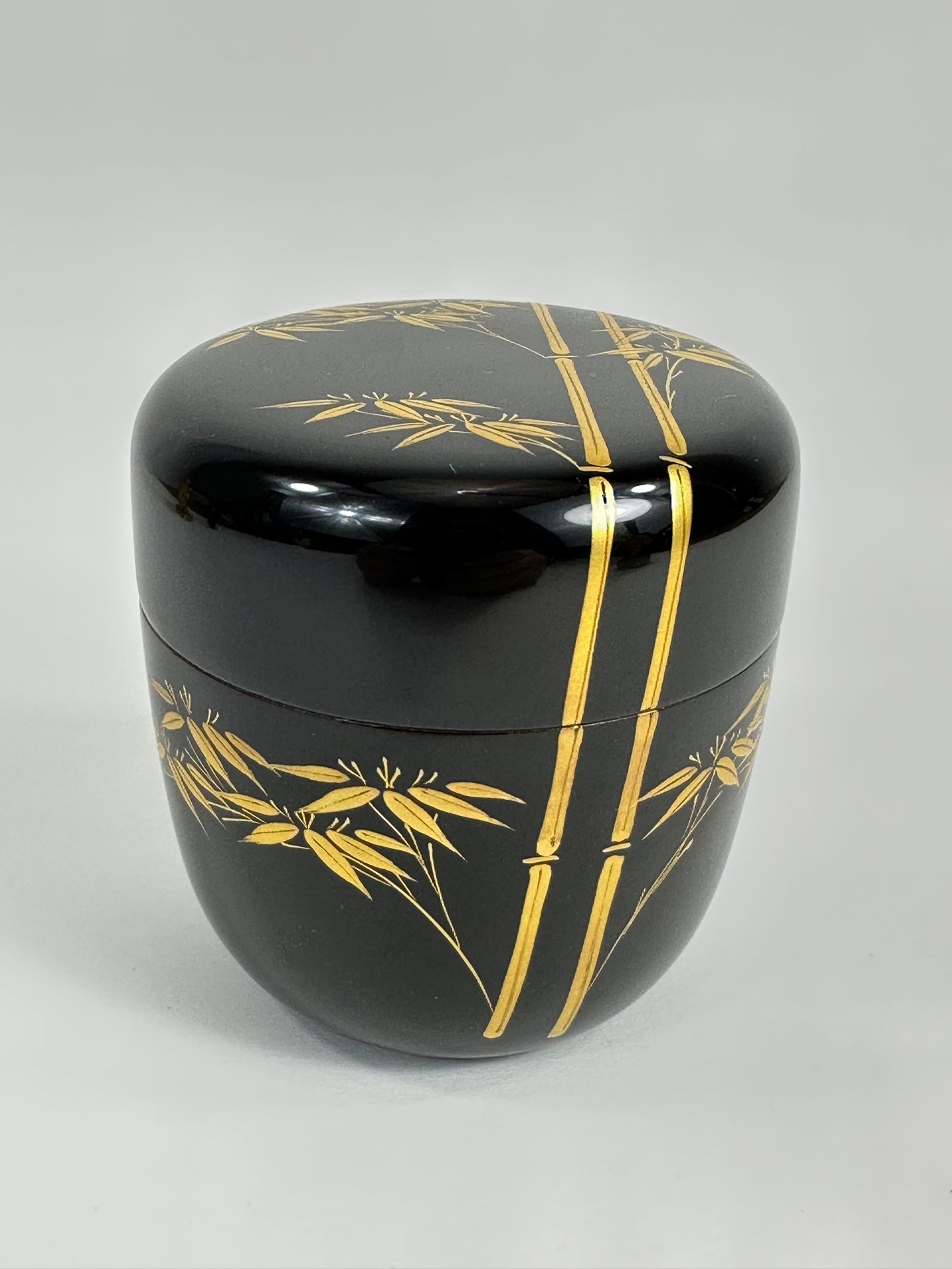 Vintage Japanese Tea Ceremony Natsume Black Lacquer Gold Bamboo Maki-e 3"