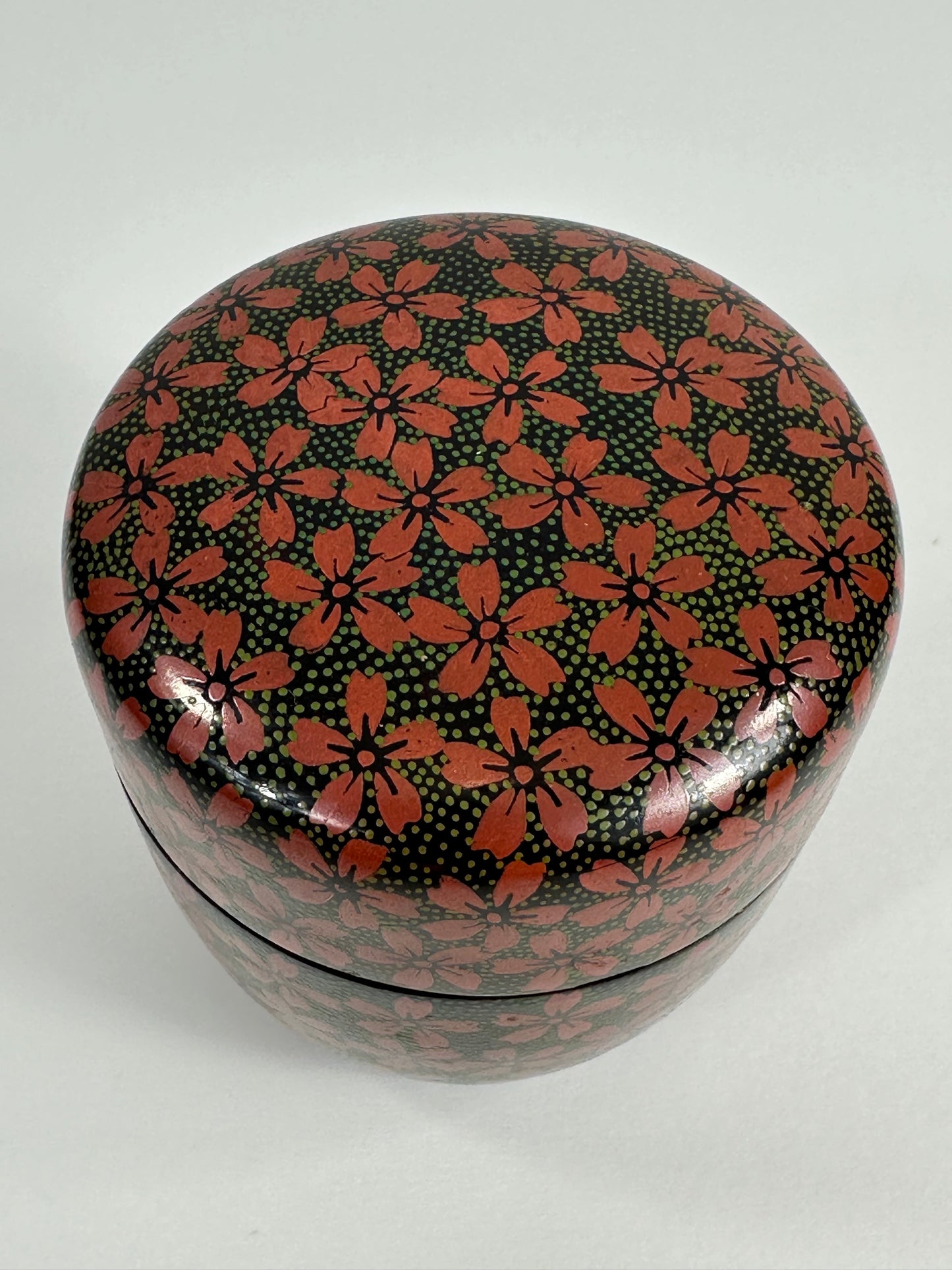 Vintage Japanese Tea Ceremony Natsume Black Lacquer Cherry Blossoms 3"