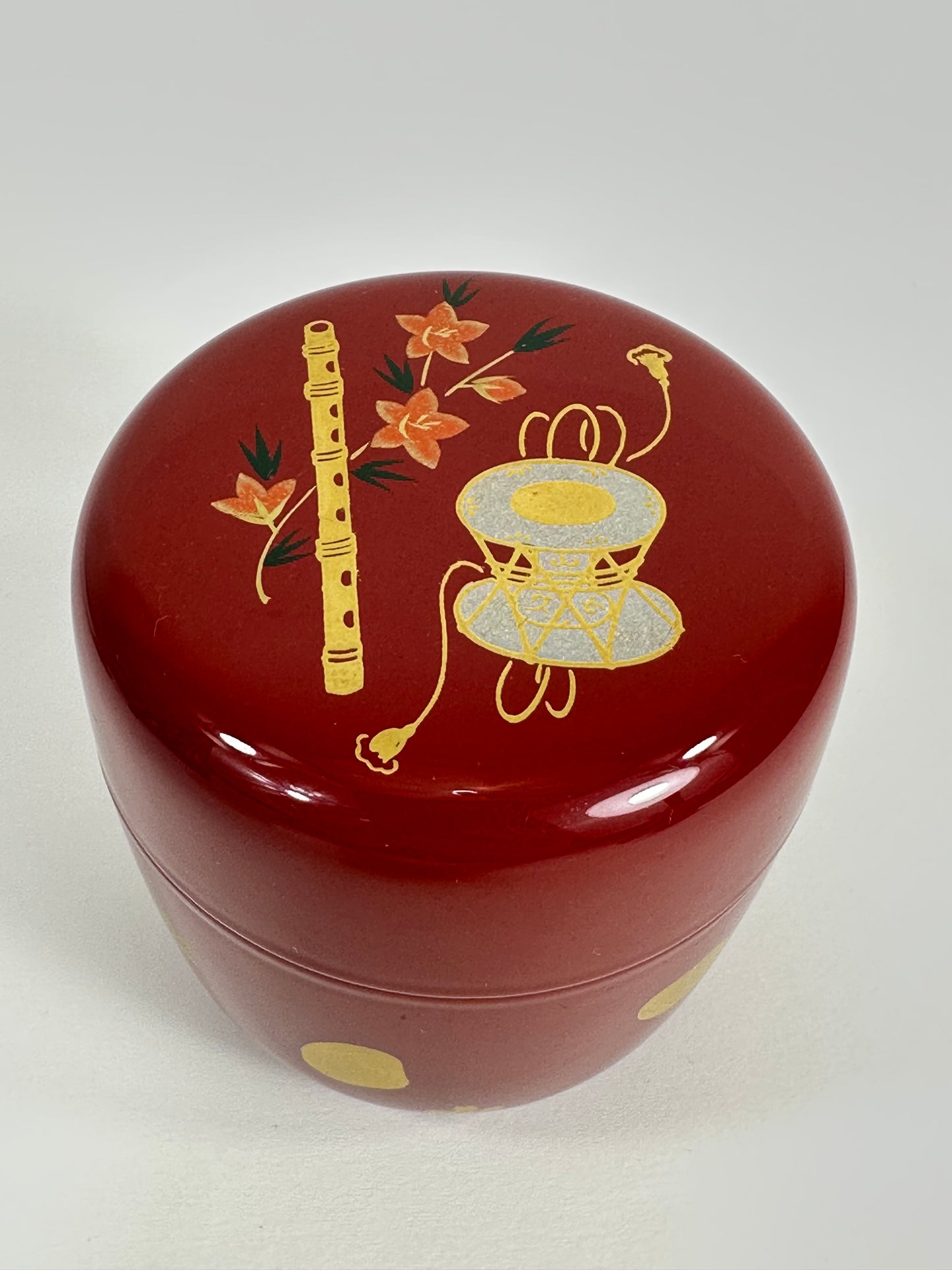Japanese Tea Ceremony Natsume Red Lacquer Flute & Drum Gold Maki-e 3”