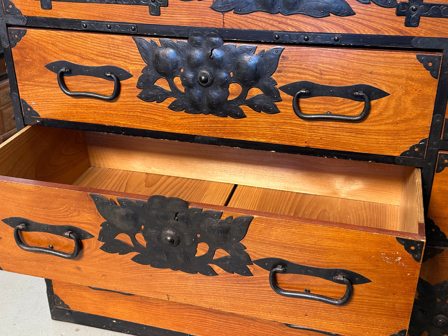 Antique Japanese Meiji Era c1880's Sendai Clothing Tansu Chest Peony 36"W