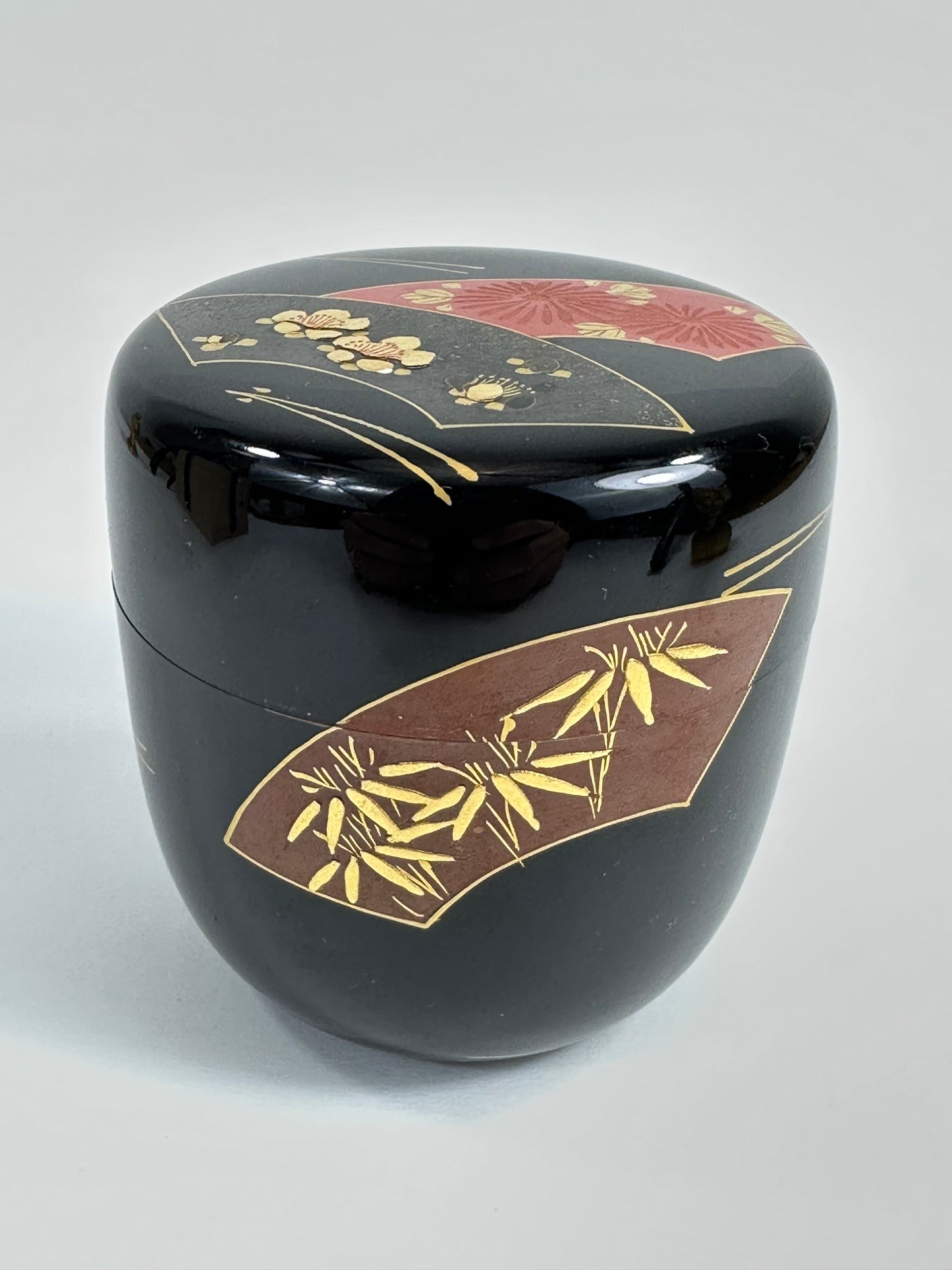 Vintage Japanese Tea Ceremony Natsume Black Lacquer Bamboo Pine Plum 3”