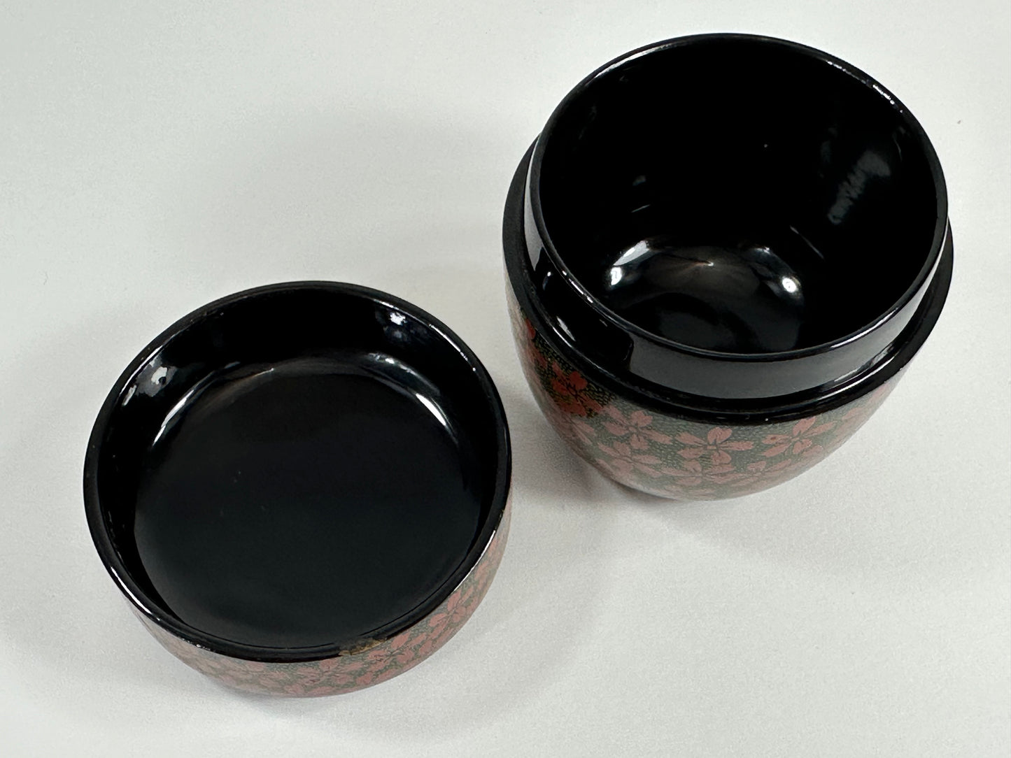 Vintage Japanese Tea Ceremony Natsume Black Lacquer Cherry Blossoms 3"