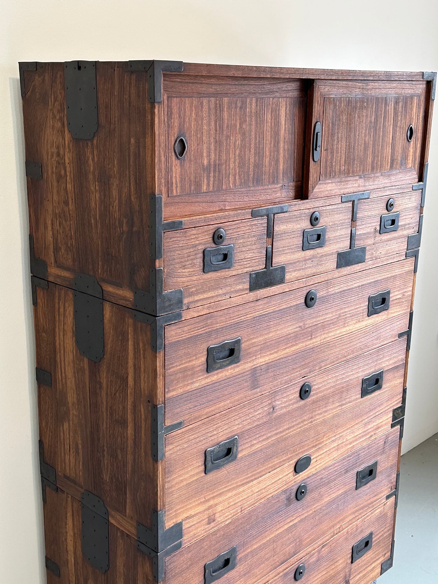 Antique Japanese Isho-Tansu Clothing Chest Taisho c1920’s 57”H Kiri Wood