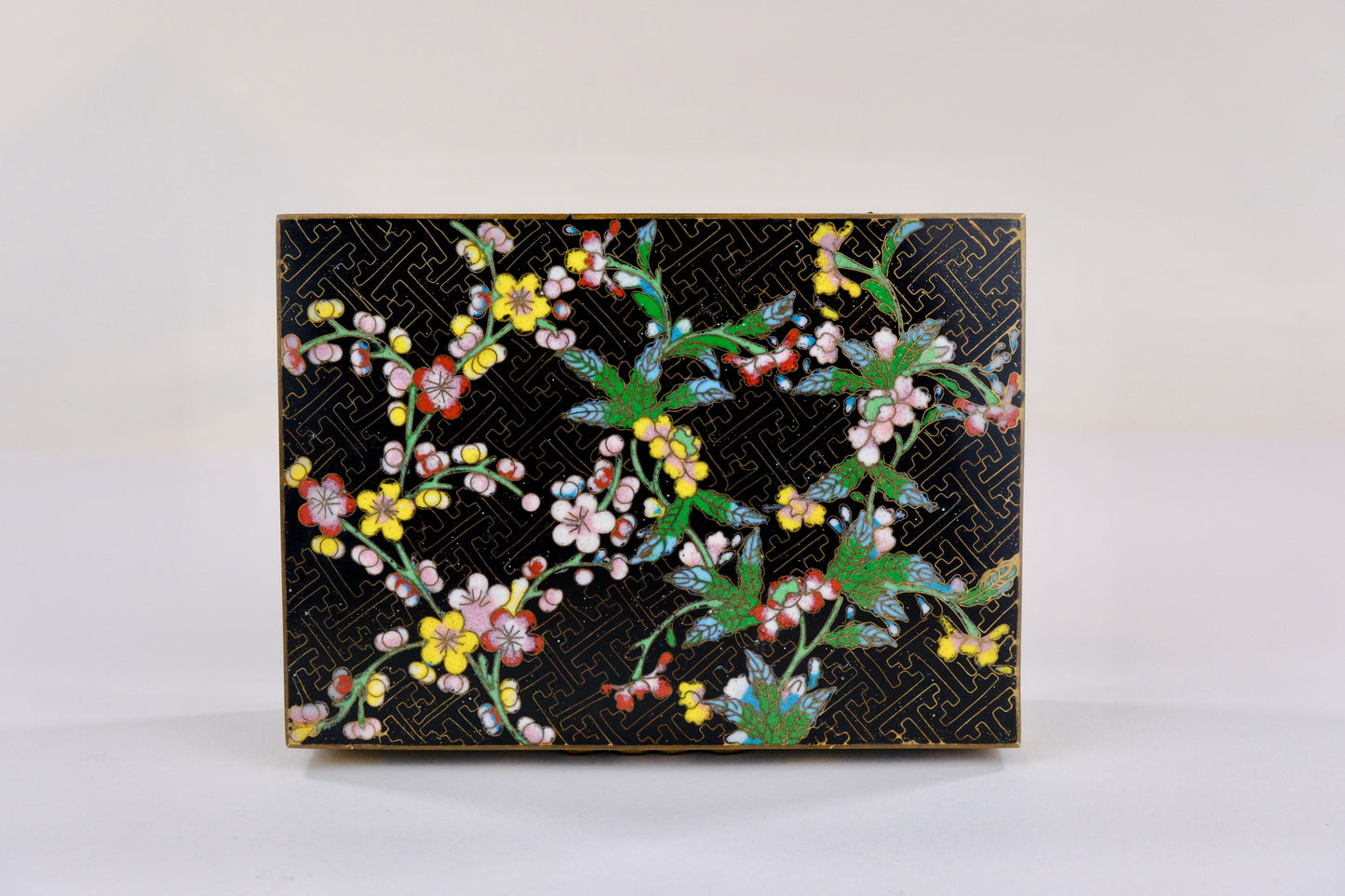 Antique Chinese c1910's Cloisonné Hinged Box w/ Floral Motif on Black 5"