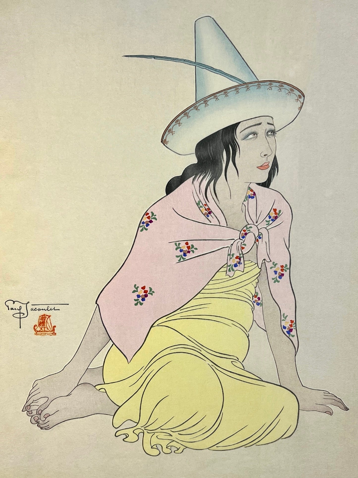 Rare 1st Ed Original Paul Jacoulet Woodblock Print 1939 "Young Girl of Jaluit"