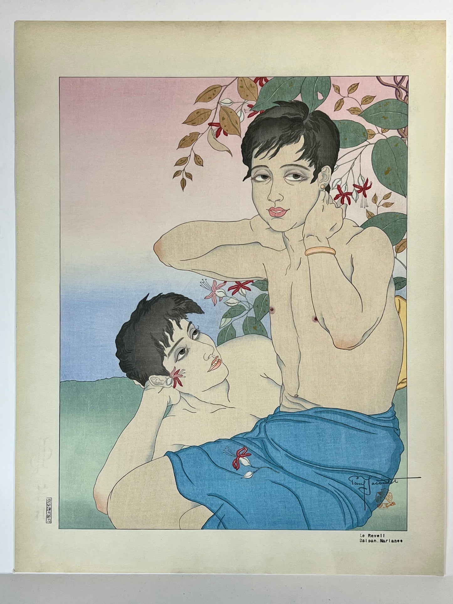 Rare 1st Ed Original Paul Jacoulet Woodblock Print "Le Reveil" Saipan