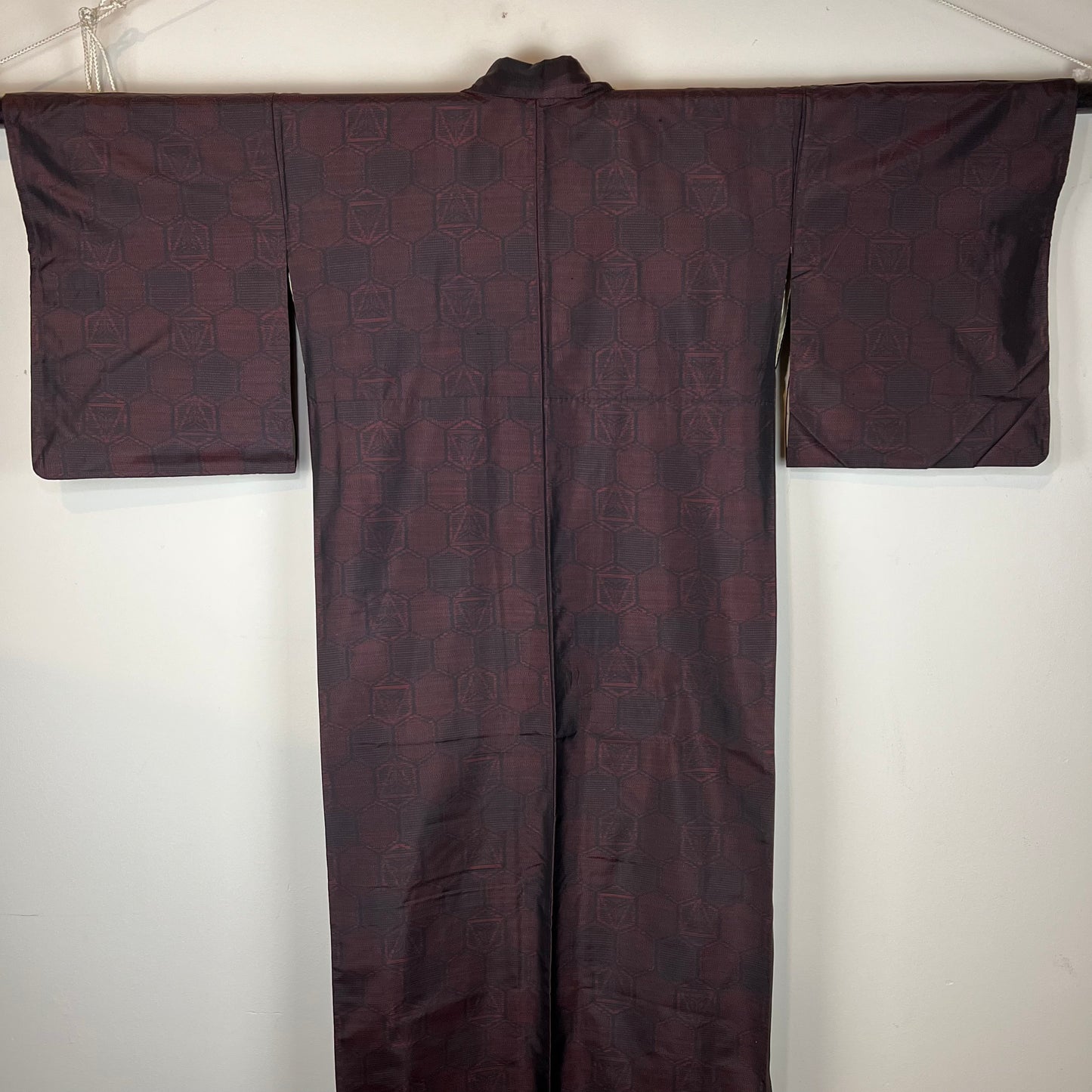 Vintage Japanese Silk Kimono Ruby Red & Black Hexagon Pattern 63"L