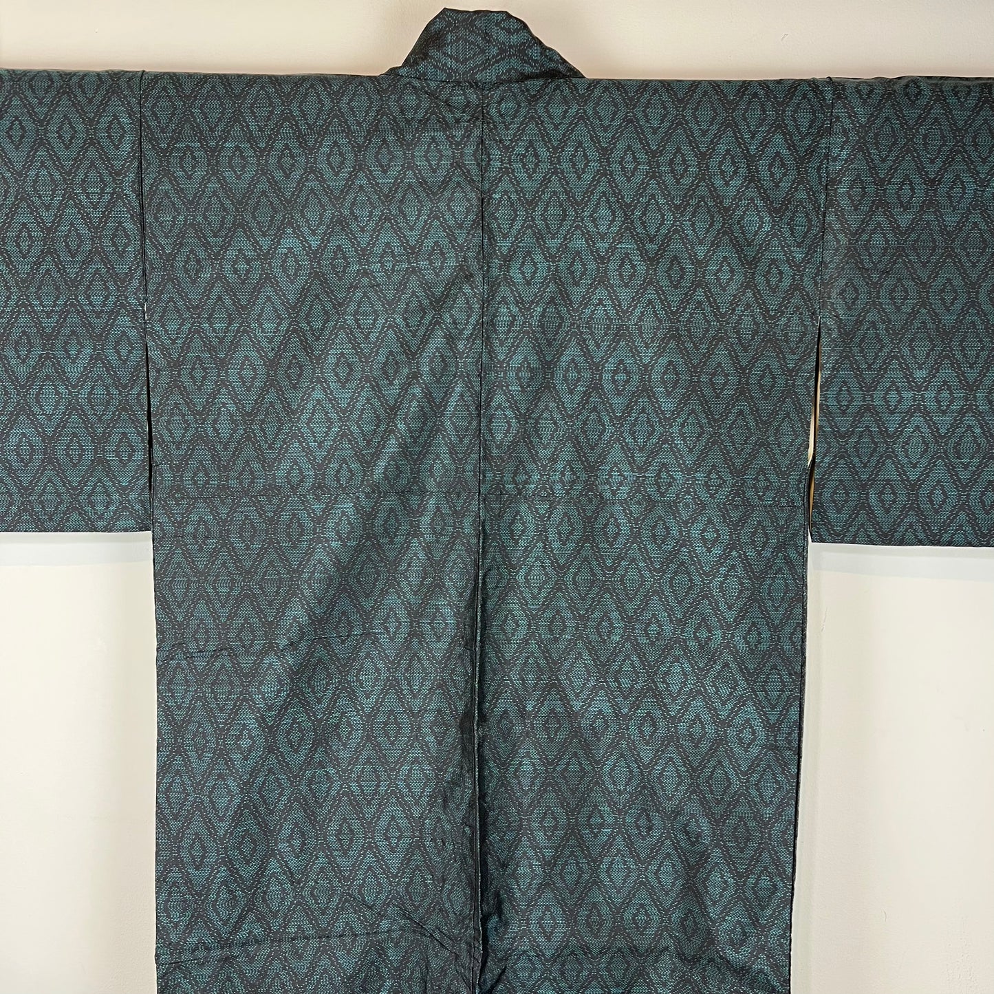 Vintage Japanese Silk Kimono Emerald Green Diamond Pattern 60"L