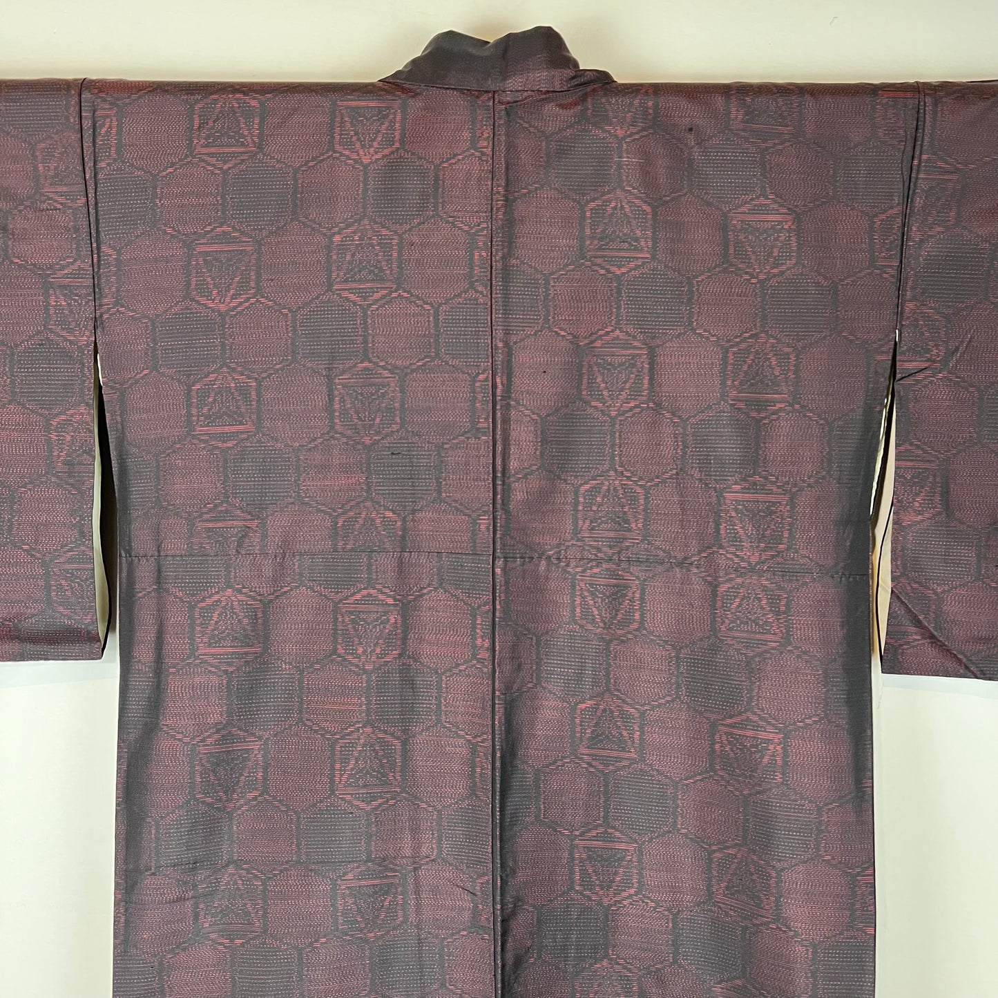 Vintage Japanese Silk Kimono Ruby Red & Black Hexagon Pattern 63"L