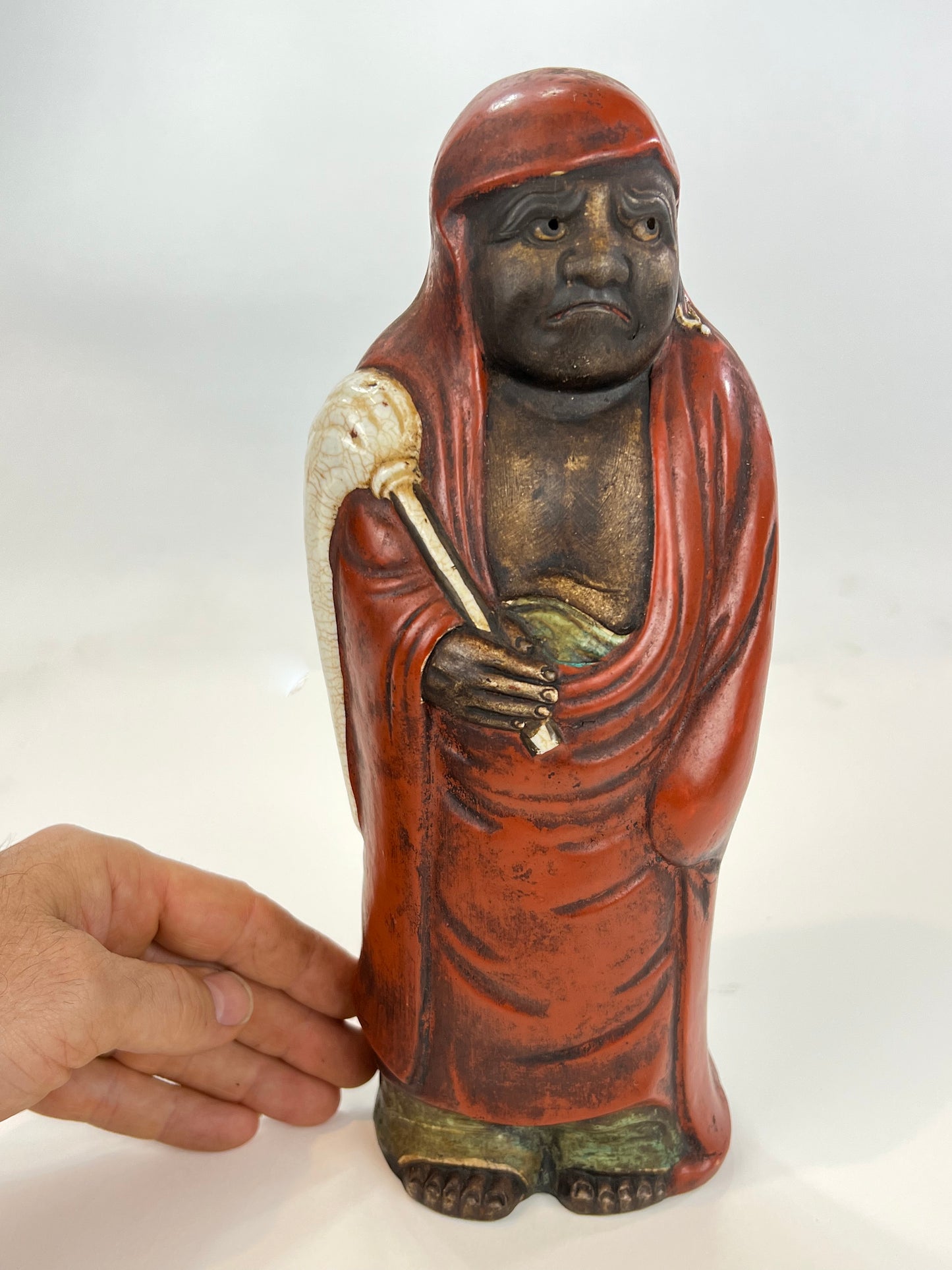 Vintage Japanese Ceramic Statue Bodhidharma in Red Robes Daruma 11"H