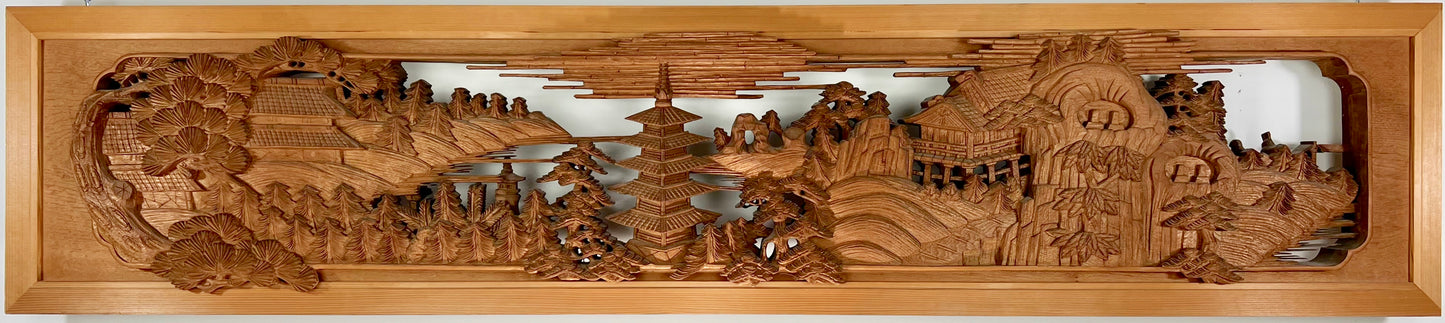 Rare Japanese Ranma Pair Deeply Carved Transom Screen Sugi Wood 68"