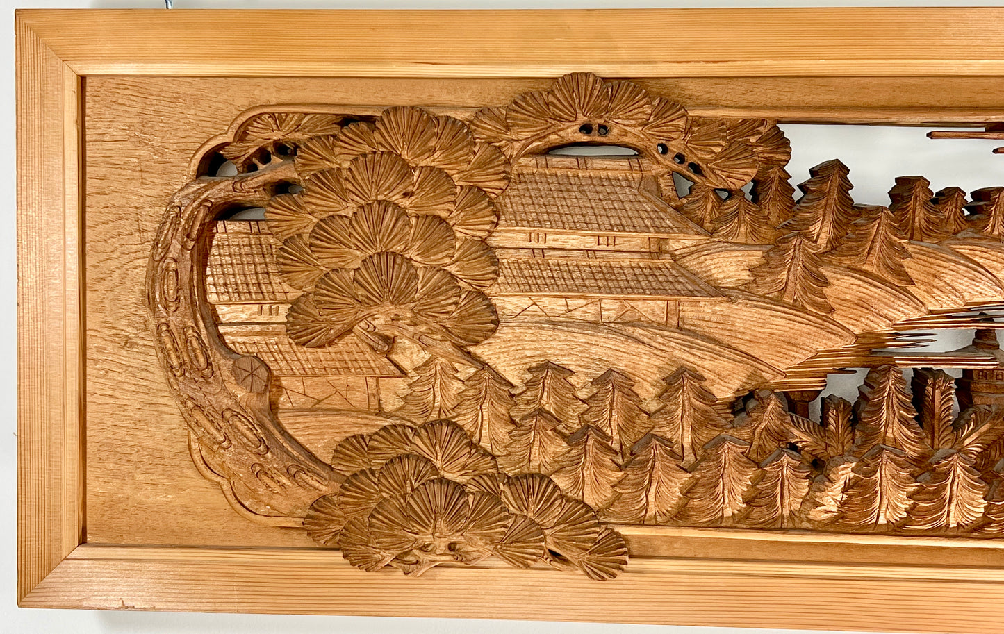 Rare Japanese Ranma Pair Deeply Carved Transom Screen Sugi Wood 68"