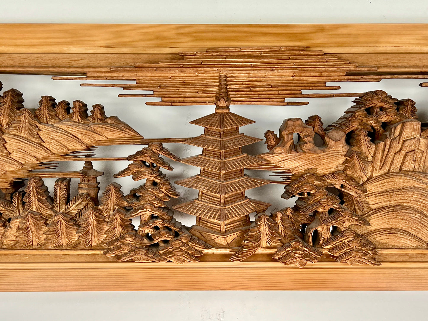Rare Japanese Ranma Pair Deeply Carved Transom Screen Sugi Wood 68"