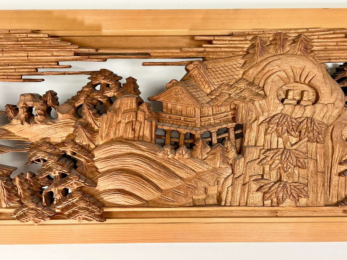 Rare Japanese Ranma Pair Deeply Carved Transom Screen Sugi Wood 68"