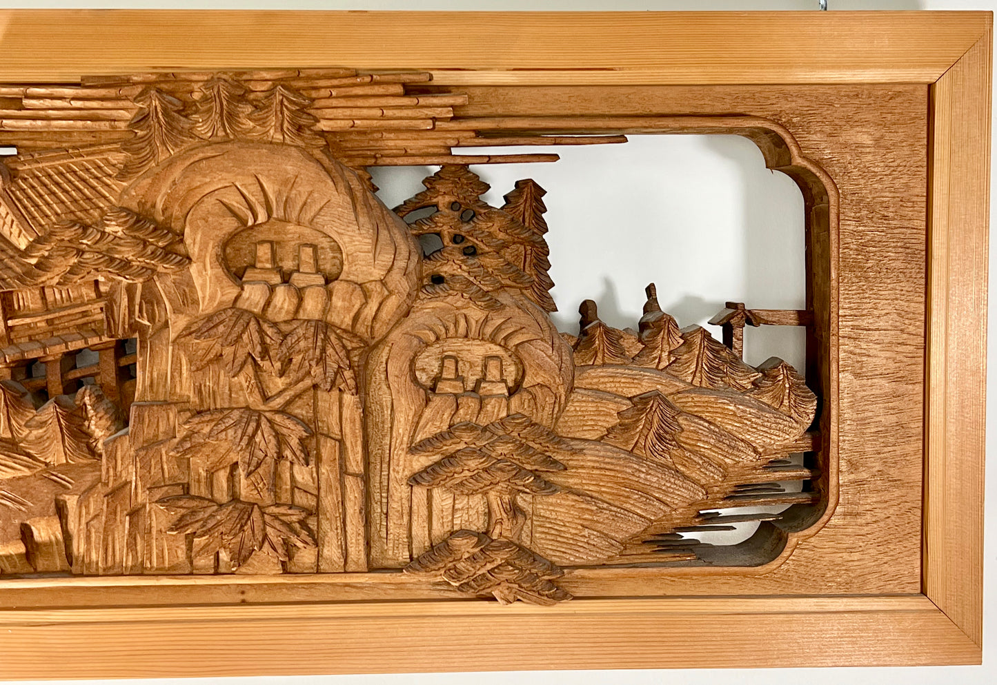 Rare Japanese Ranma Pair Deeply Carved Transom Screen Sugi Wood 68"