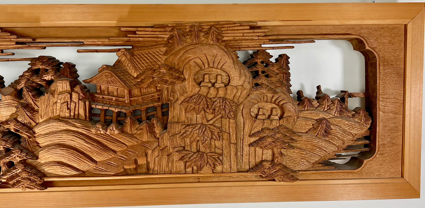 Rare Japanese Ranma Pair Deeply Carved Transom Screen Sugi Wood 68"