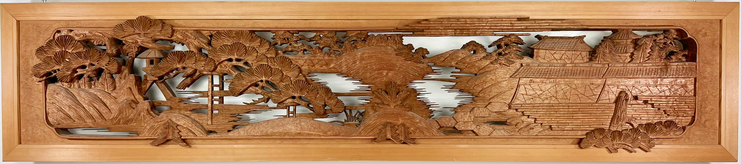 Rare Japanese Ranma Pair Deeply Carved Transom Screen Sugi Wood 68"