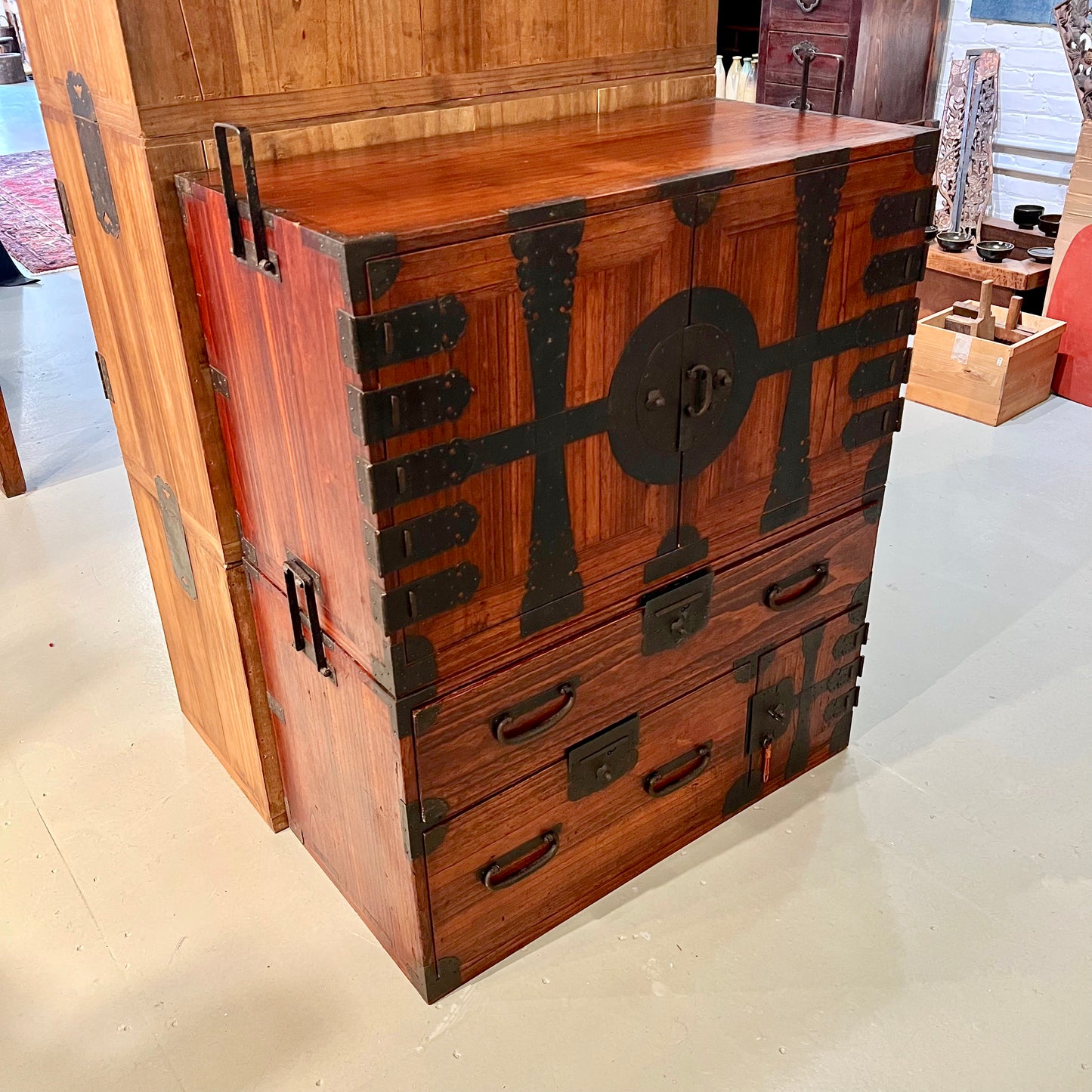 Antique Japanese Meiji Era c1880 Kannon Biraki Clothing Tansu Chest Sugi Wood 36"W