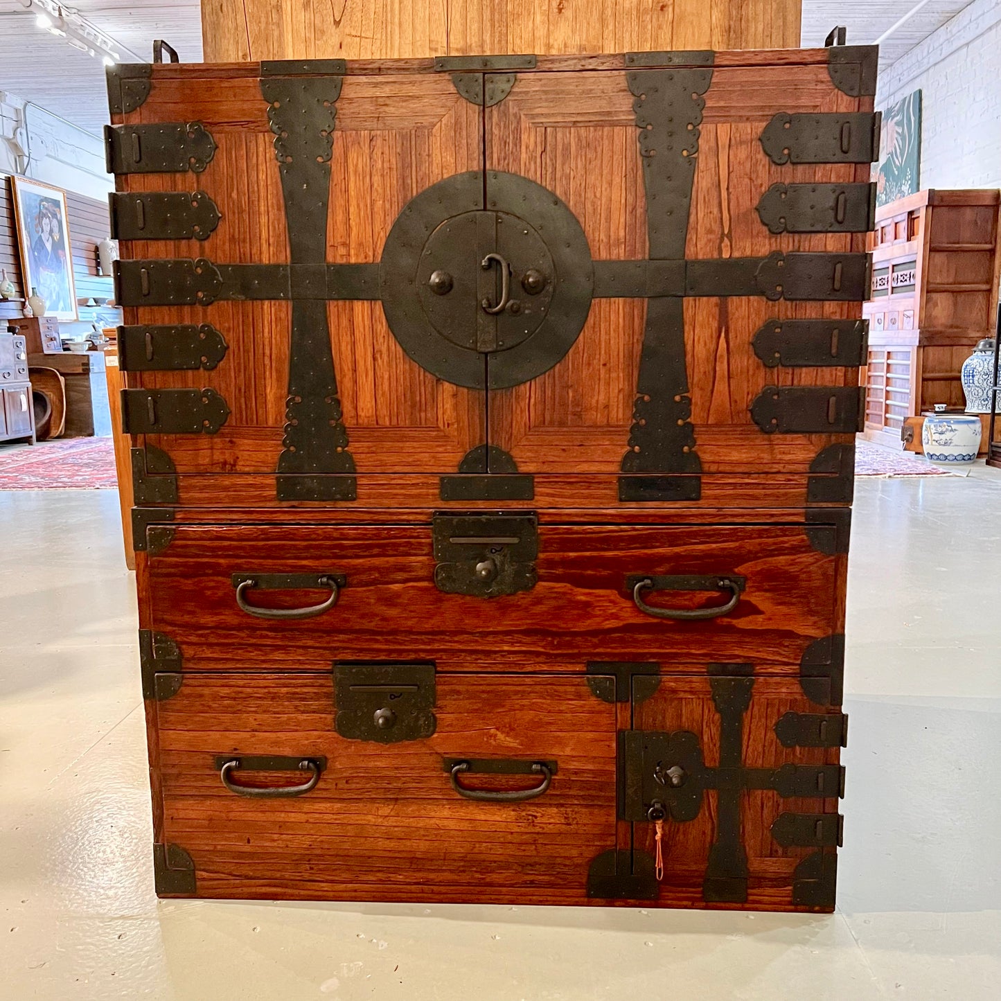 Antique Japanese Meiji Era c1880 Kannon Biraki Clothing Tansu Chest Sugi Wood 36"W