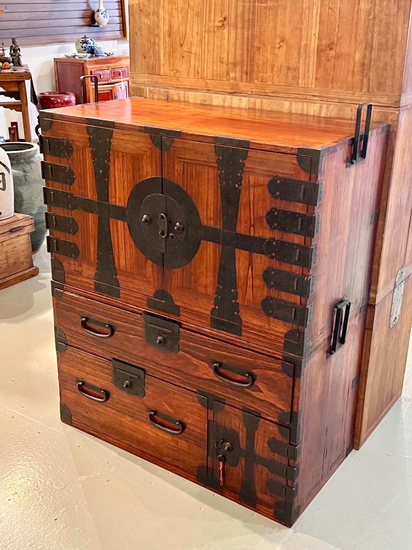 Antique Japanese Meiji Era c1880 Kannon Biraki Clothing Tansu Chest Sugi Wood 36"W