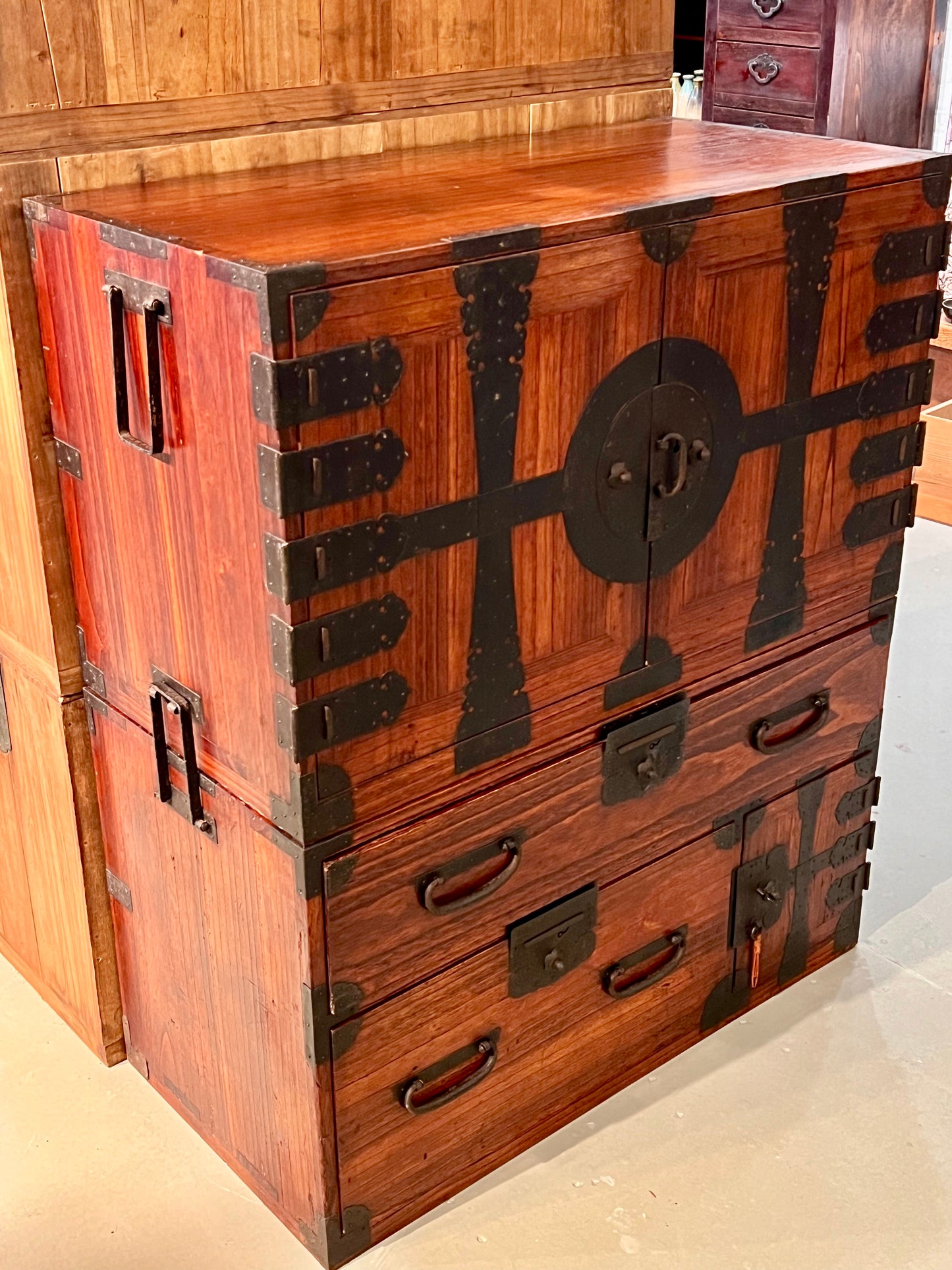 Antique Japanese Meiji Era c1880 Kannon Biraki Clothing Tansu Chest Sugi Wood 36"W